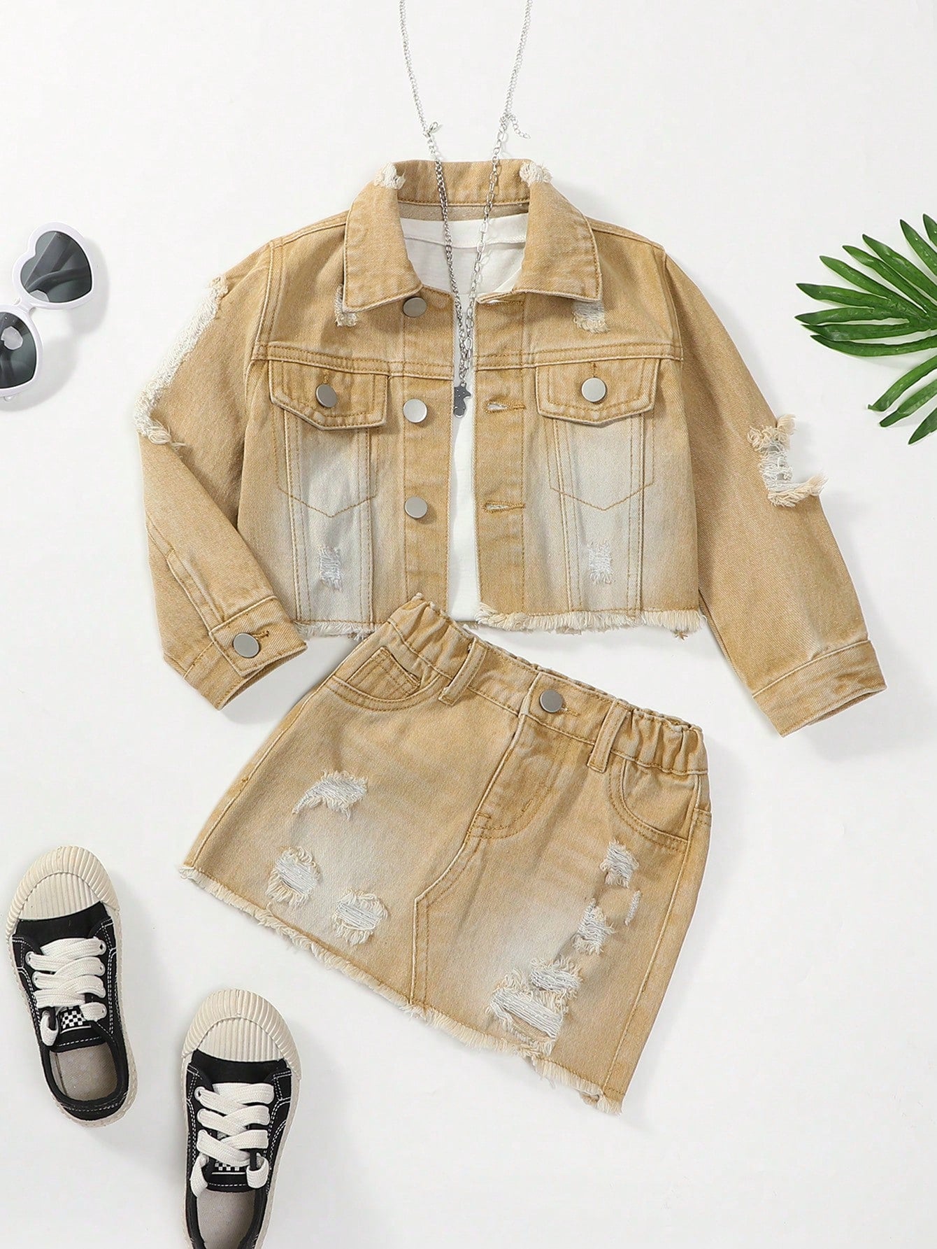 Young Girl Cool Street Style Mid-Blue Washed Distressed Denim Jacket & Denim Skirt Set With Frayed Hem