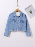 TEEN GIRL Casual Street Light Blue Washed Distressed Denim Tuck Jacket With Frayed Hem