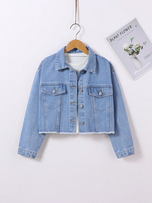 TEEN GIRL Casual Street Light Blue Washed Distressed Denim Tuck Jacket With Frayed Hem