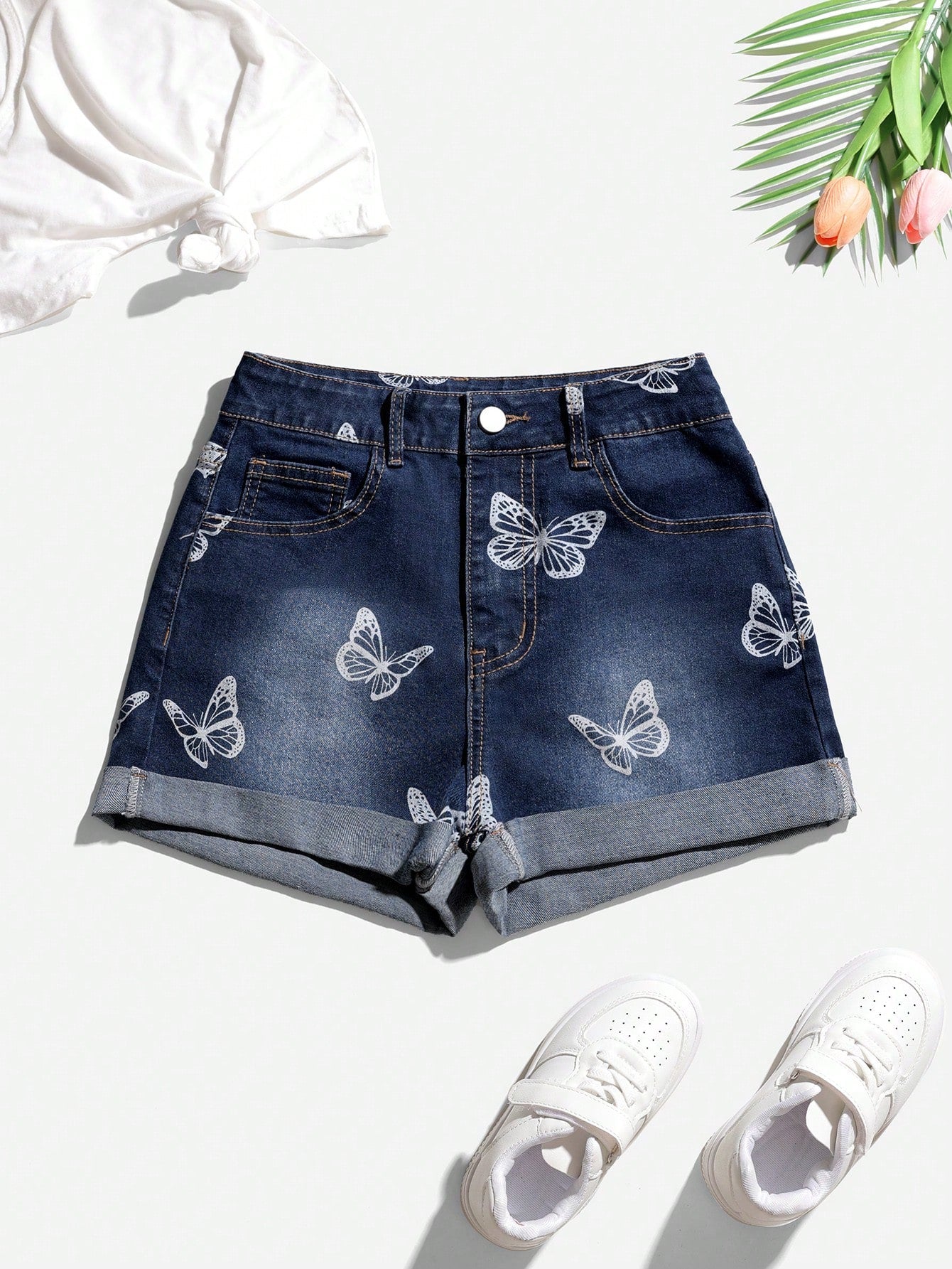 Tween Girl Casual Street Style Butterfly Printed Elastic Roll-Up Denim Shorts