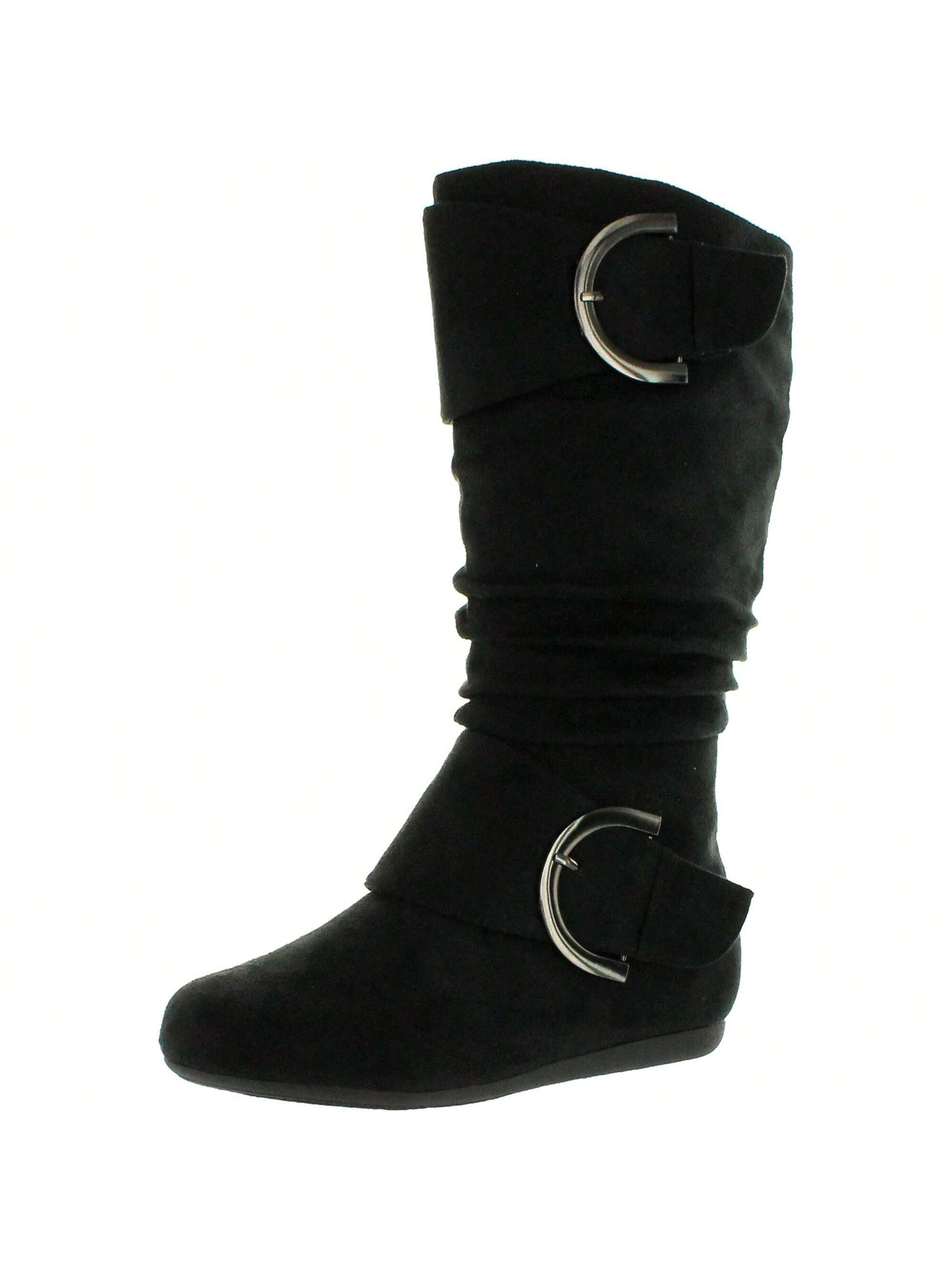 Women's Mid Calf Round Toe Buckle Slouched Flat Boots