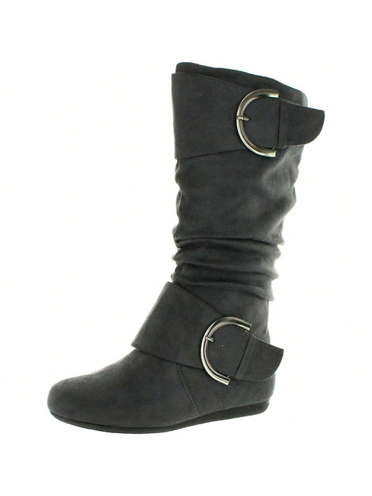 Women's Mid Calf Round Toe Buckle Slouched Flat Boots