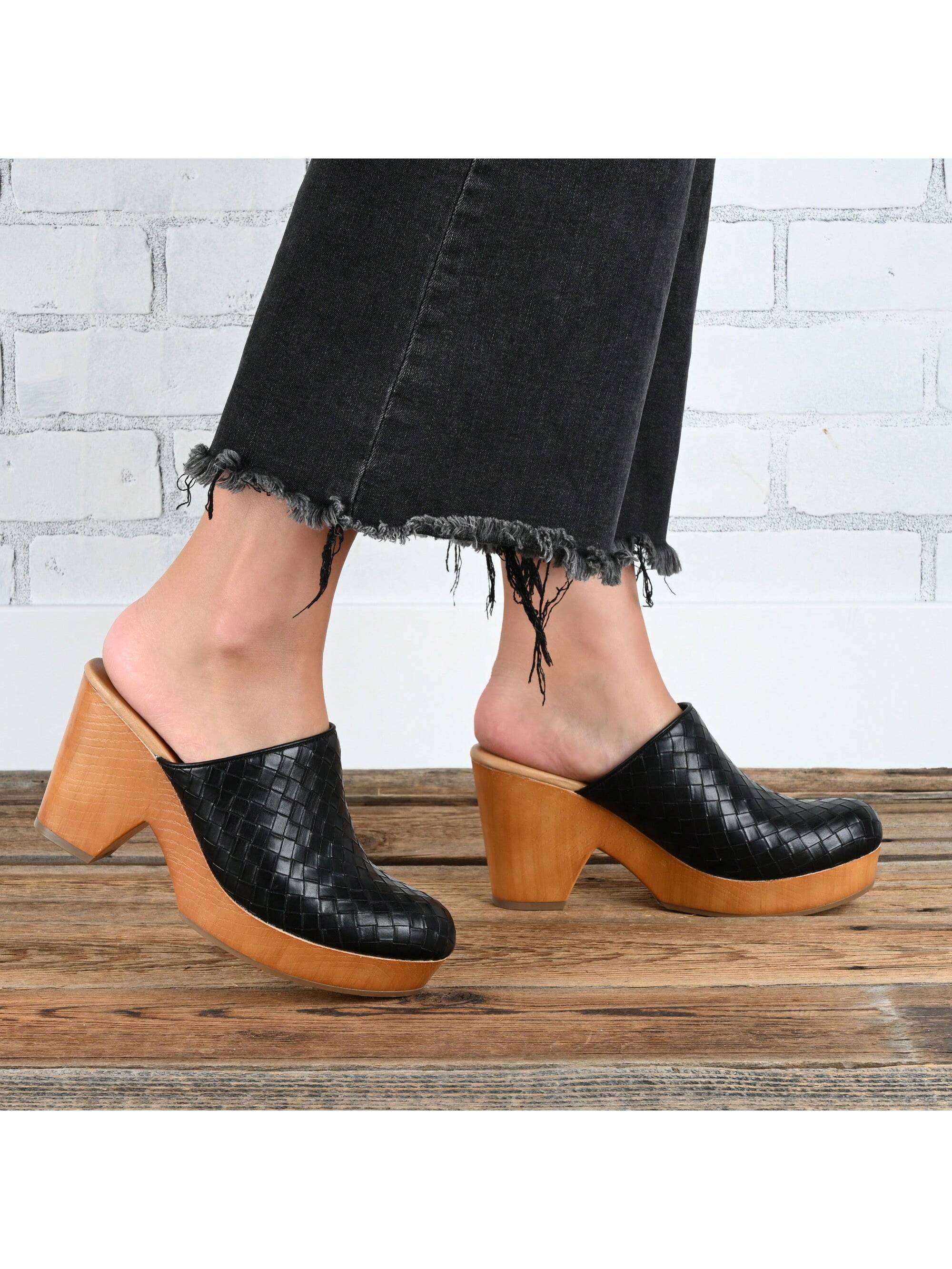 Womens Mules Mid Block Heel Round Toe Pumps