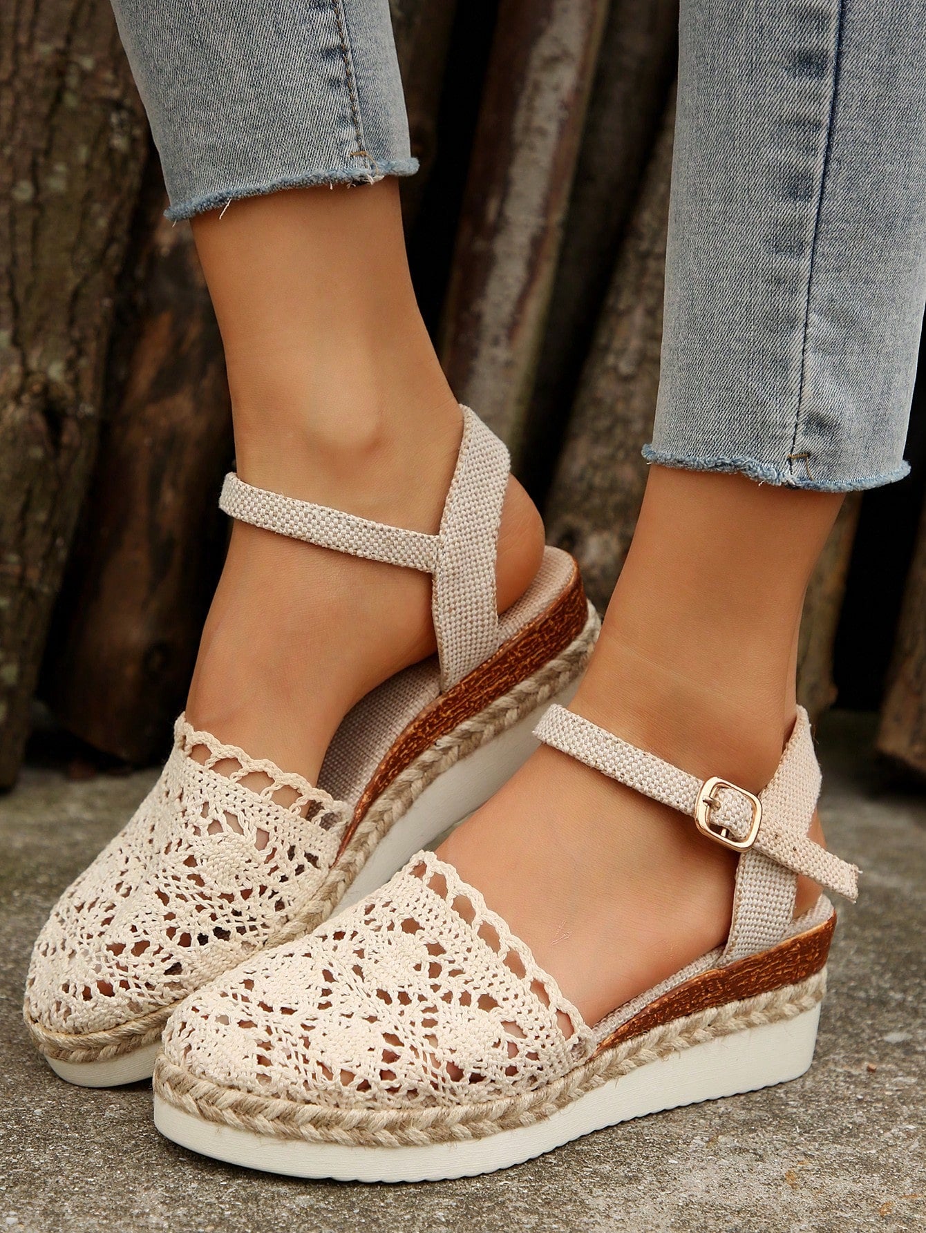 2024 New Summer Women's Espadrilles, Outdoor Casual Fashion Shoes With Platform Heels, Woven Lace, Breathable And Buckled, Closed Toe