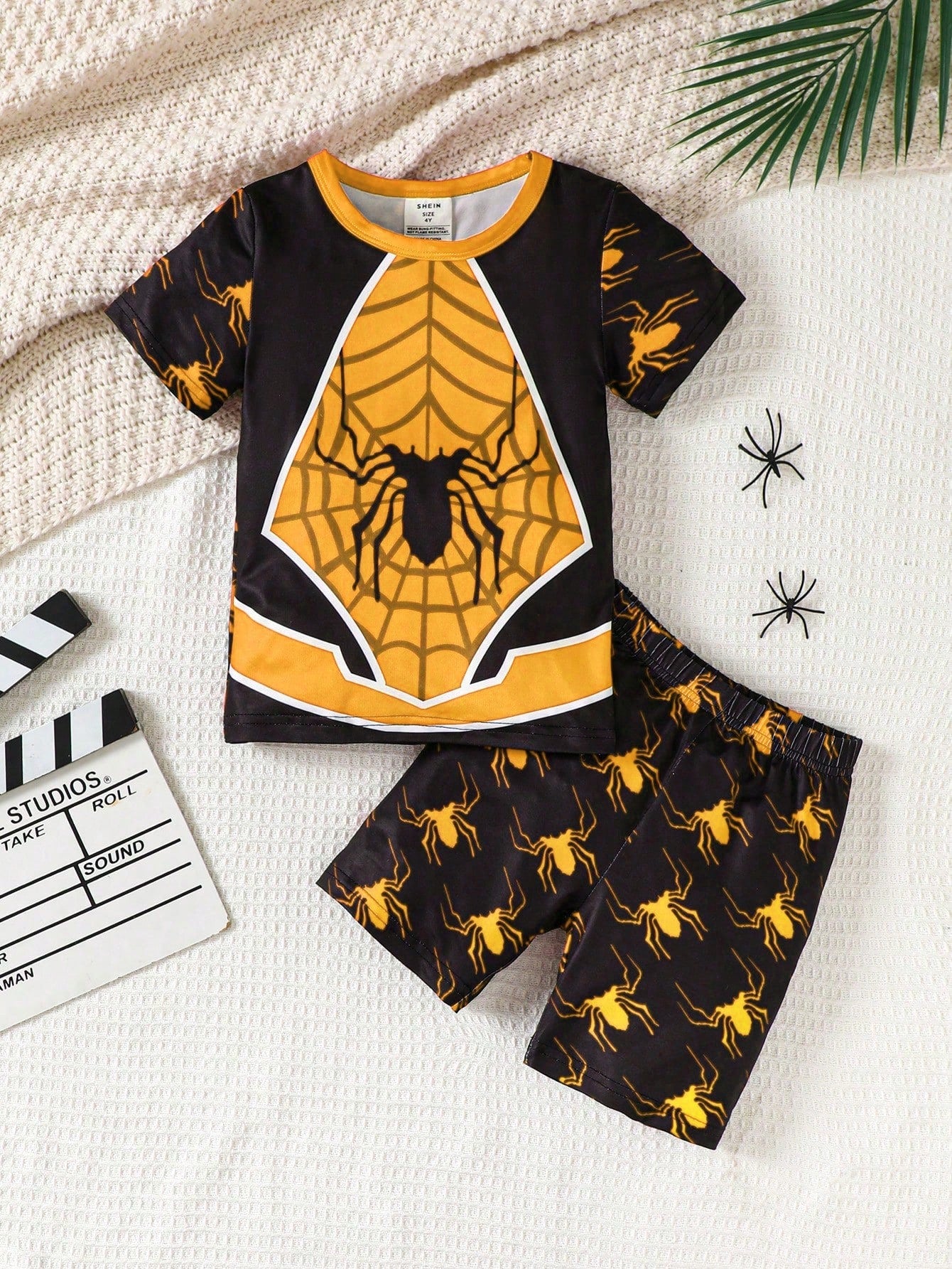 Young Boy 2pcs/Set Casual Spider Print Short Sleeve Top And Spider Print Shorts With Laser Markings, Tight-Fitting Home Wear