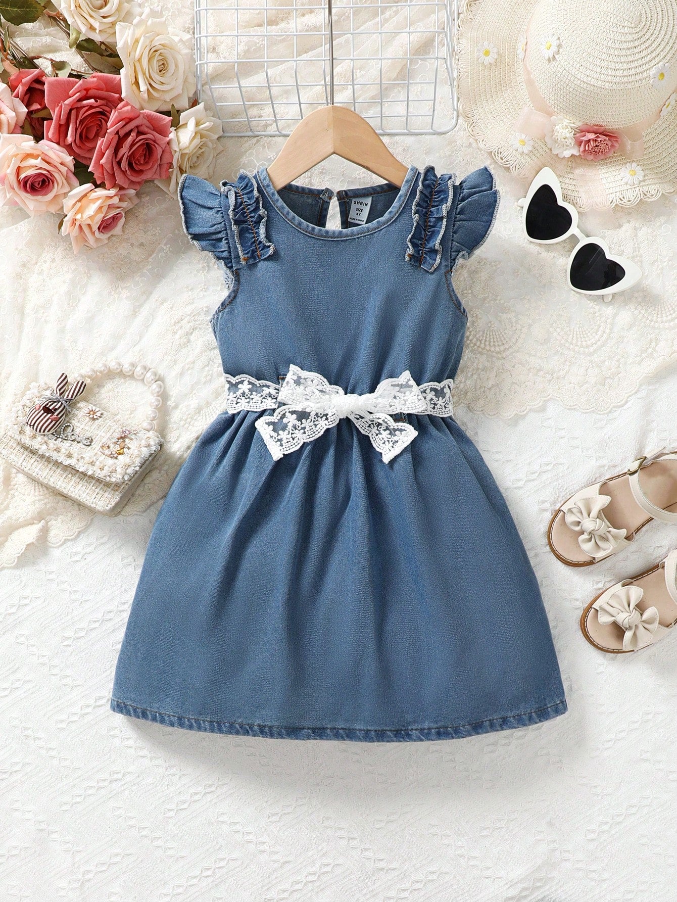 Young Girl Casual Denim Dress With Ruffle Flying Sleeves