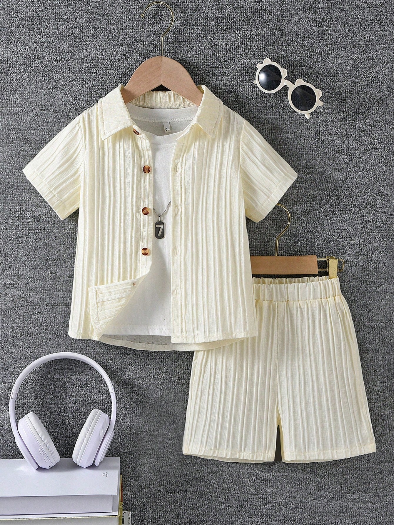 Young Boy Solid Button Front Shirt & Shorts Without Tee