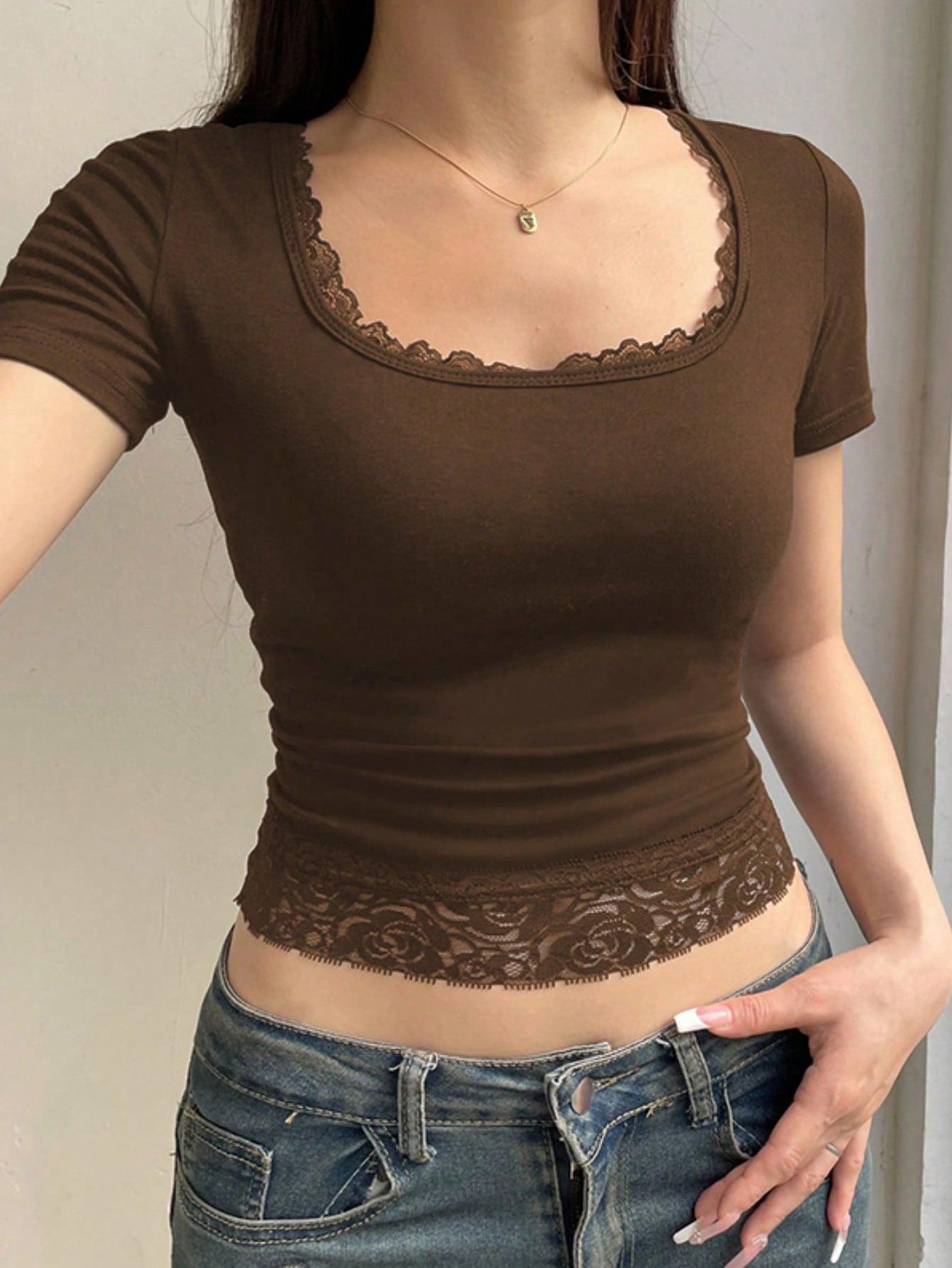 Summer Short Lace Splice Tight Fashion T-Shirt