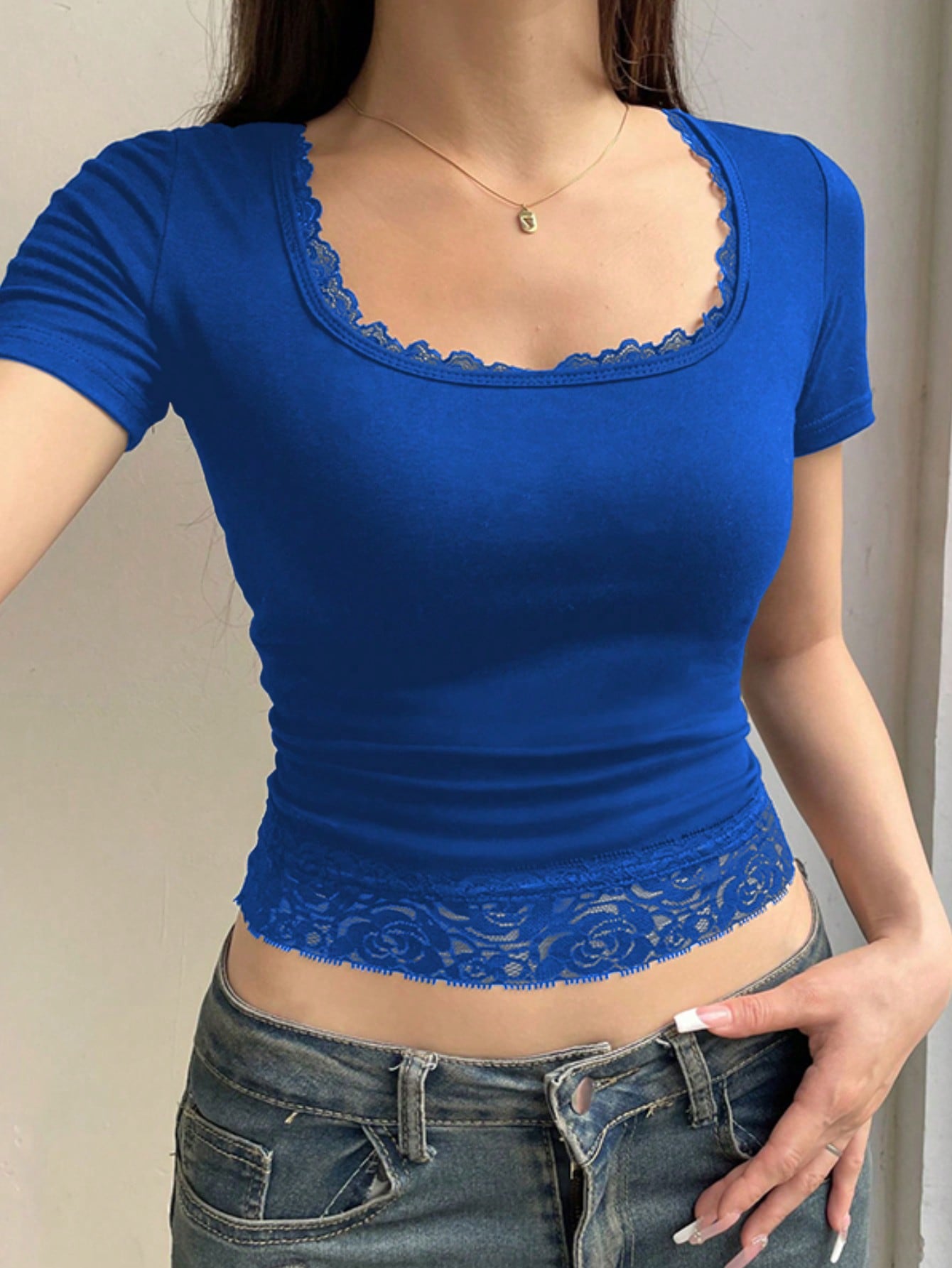 Summer Short Lace Splice Tight Fashion T-Shirt