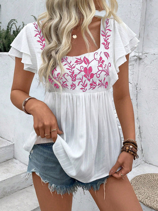 Women's Summer Holiday Plant Embroidery Ruffle Sleeve Shirt