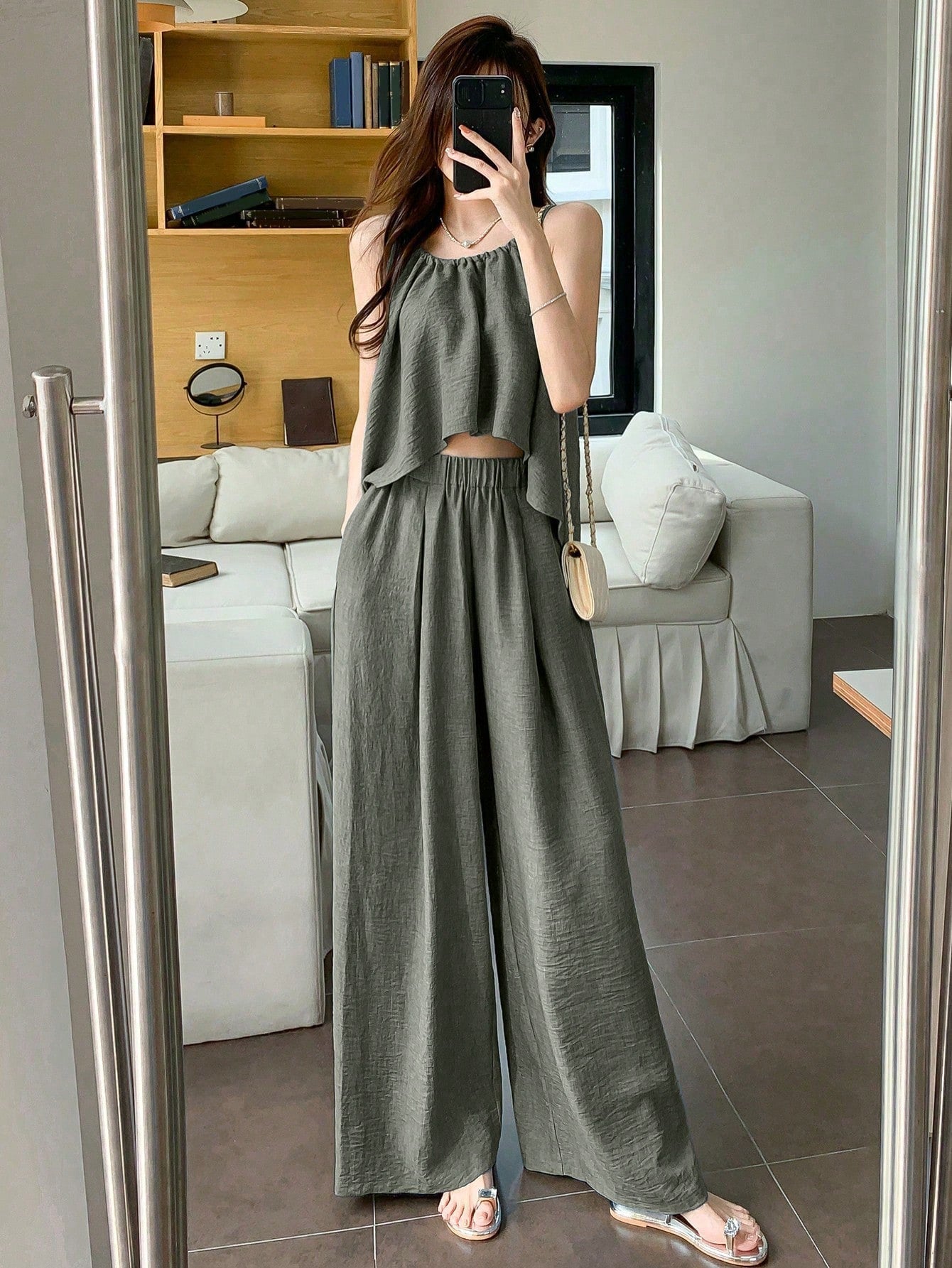 Women Summer Solid Color Asymmetrical Hem Camisole Top And Casual Pants Set