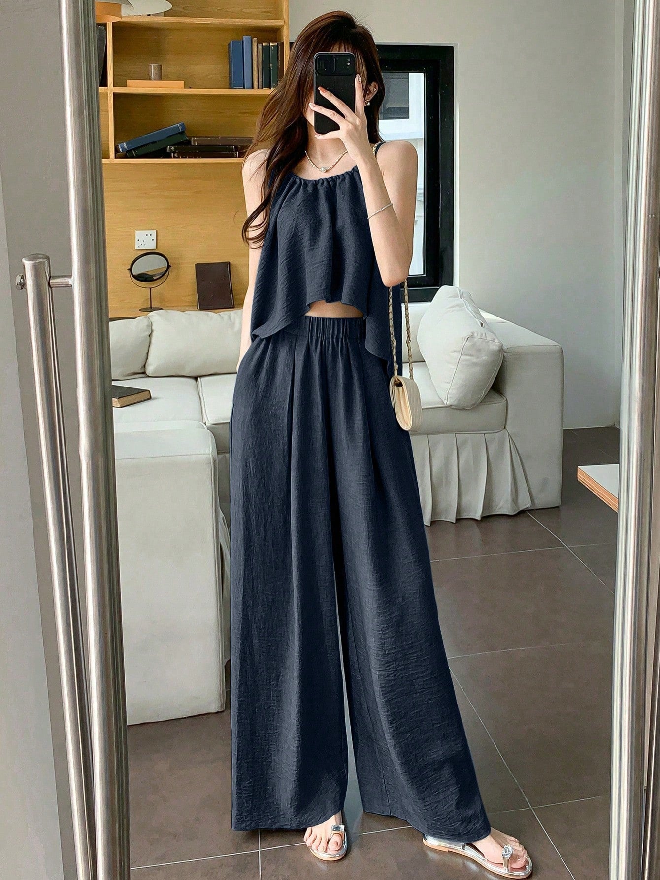 Women Summer Solid Color Asymmetrical Hem Camisole Top And Casual Pants Set