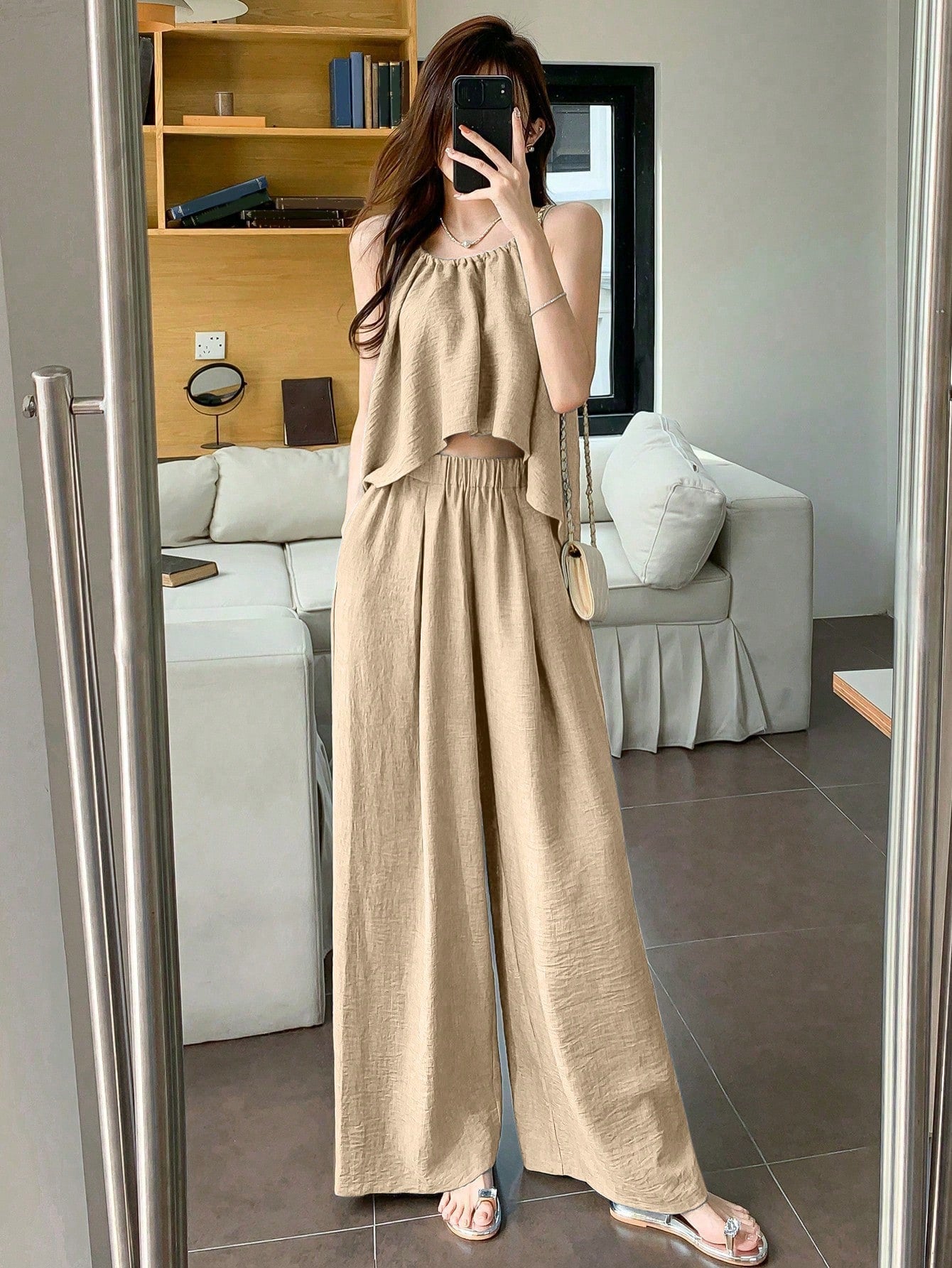 Women Summer Solid Color Asymmetrical Hem Camisole Top And Casual Pants Set