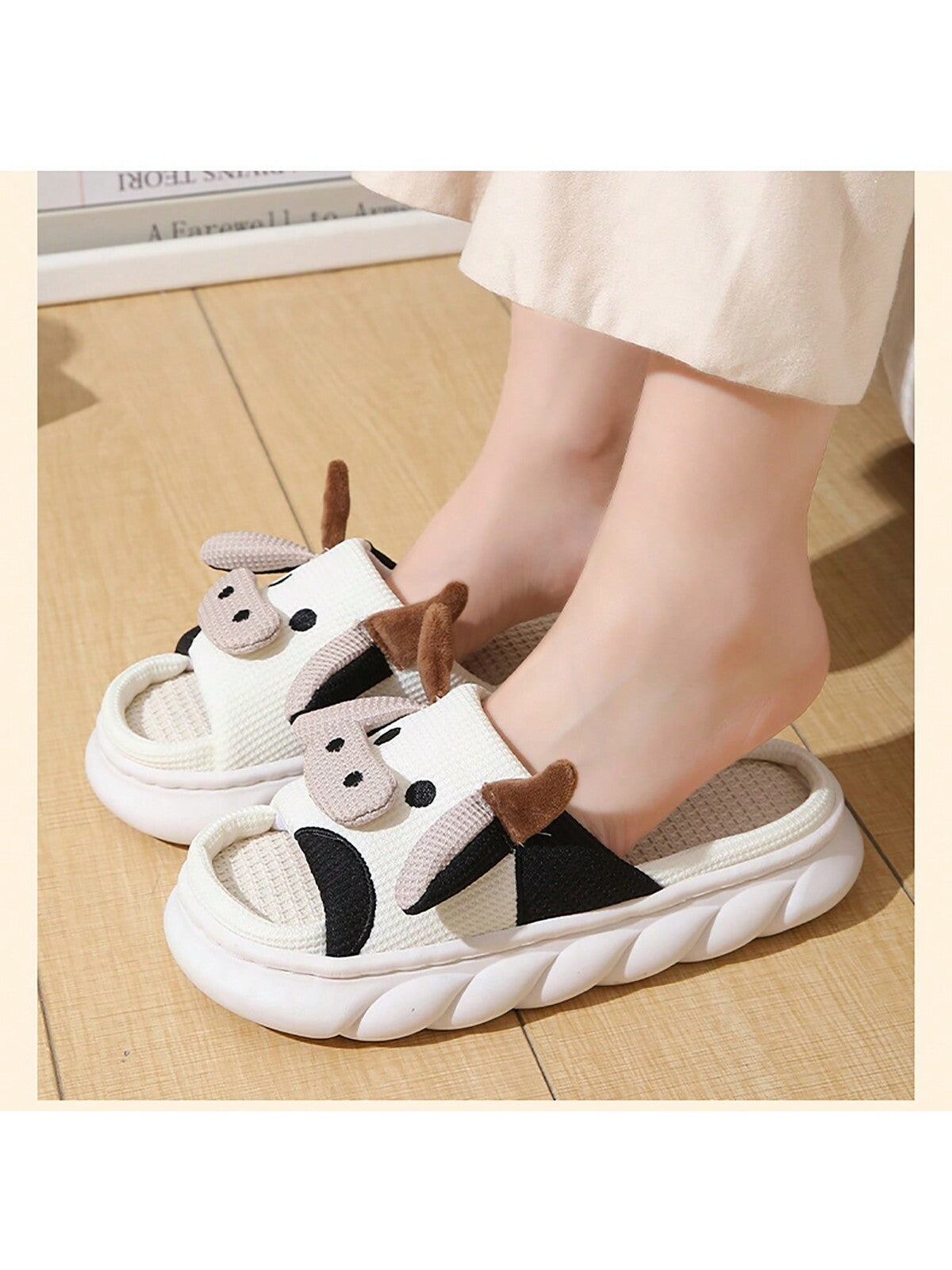 Unisex Linen Home Slippers For Couples, Cartoon Cow Anti-Slip Thick Bottom Slippers For All Seasons