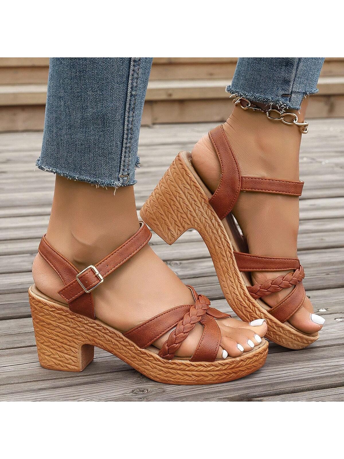 Women's High Heeled Shoes, Chunky Heel Sandals, New Summer Shoes, Thick-Soled Waterproof Platform, Roman Shoes, Thick-Soled Foreign Trade Summer Rope Bottom, Chunky Heel High Round Toe Woven Women's Shoes, Plus Size Sandals