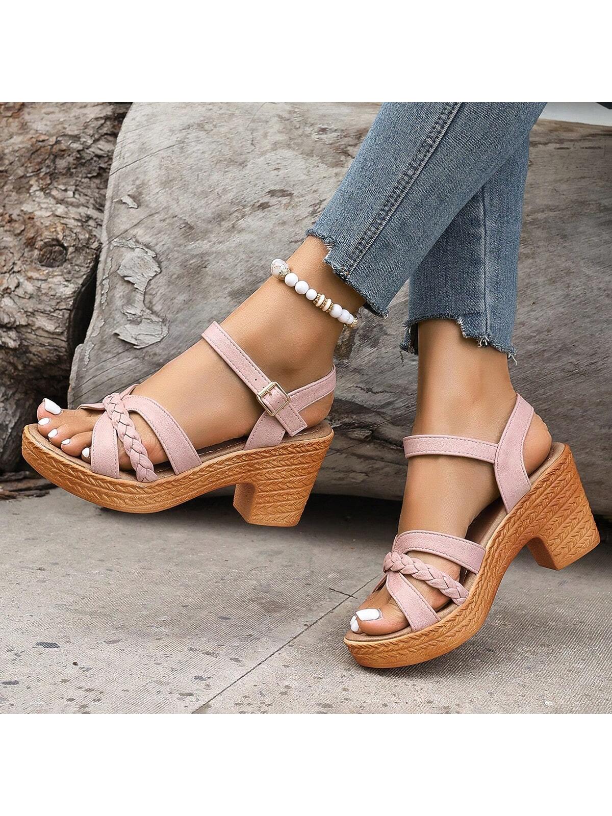 Women's High Heeled Shoes, Chunky Heel Sandals, New Summer Shoes, Thick-Soled Waterproof Platform, Roman Shoes, Thick-Soled Foreign Trade Summer Rope Bottom, Chunky Heel High Round Toe Woven Women's Shoes, Plus Size Sandals