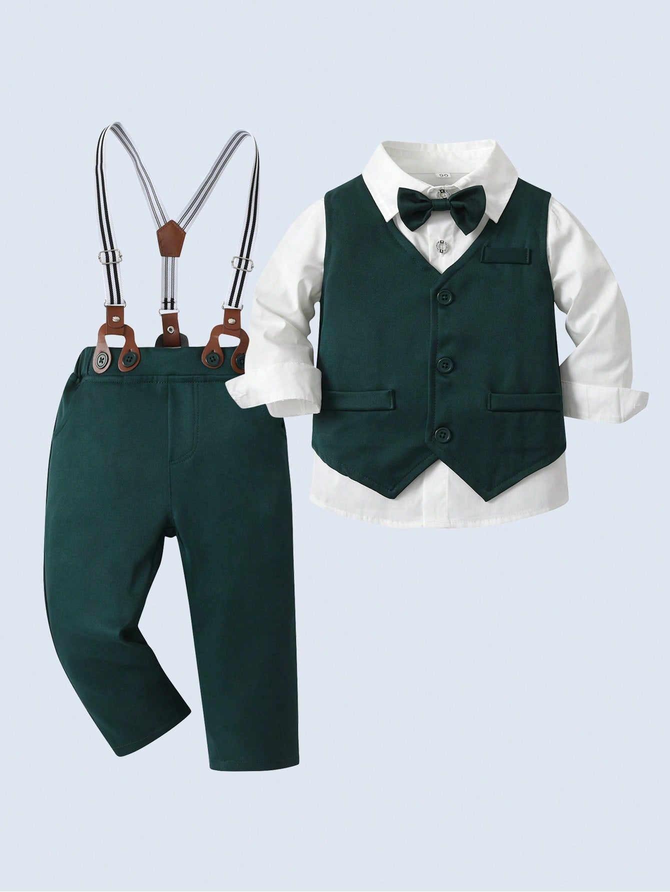 Young Boys' Three-Piece Gentleman Suit, Long Sleeve White Shirt With Bow Tie, Vest And Pants. Suitable For Birthday Parties, Evening Events, Weddings And Other Occasions.