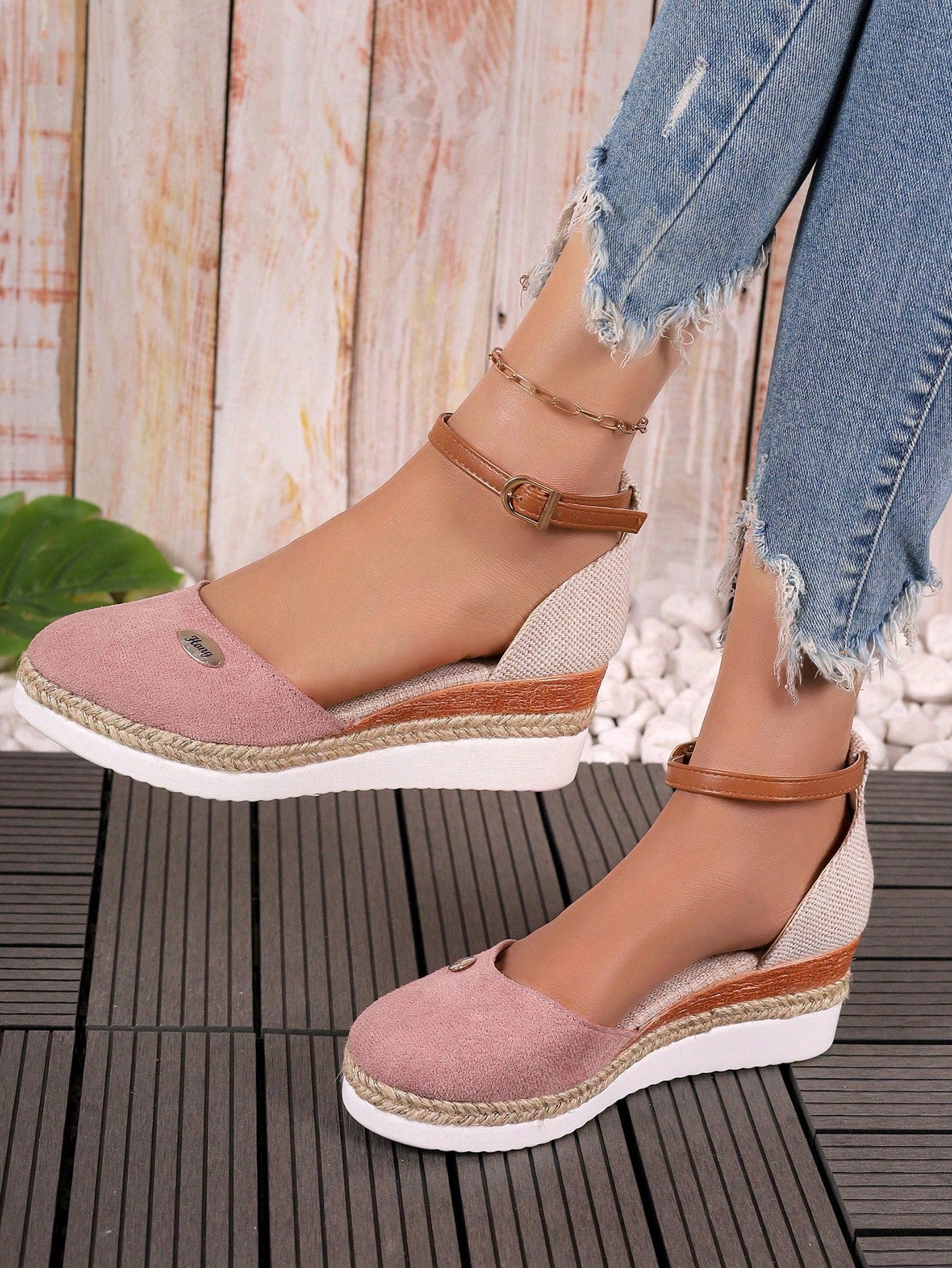 Ladies Large Size New Plaid Bright Silk Decoration Fashionable Color Matching Closed Toe Lightweight Rope Elegant Wedge Heel Shoes