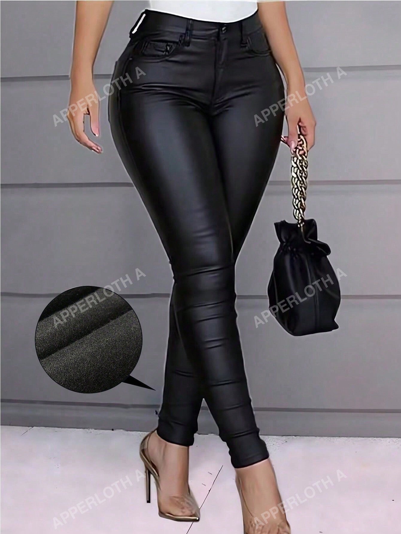 A High Waist Thermal Lined PU Leather Skinny Cropped Pants