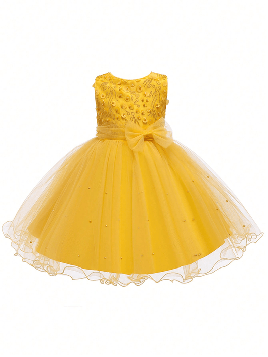 Young Girl Pearls Beaded Bow Front Mesh Hem Party Dress