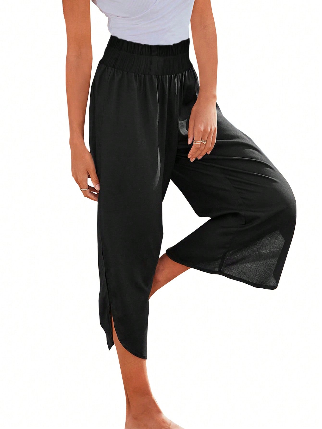 Women's High-Waisted Elastic Pleated Beach Pants With Slit Wide-Leg And Cropped, Summer