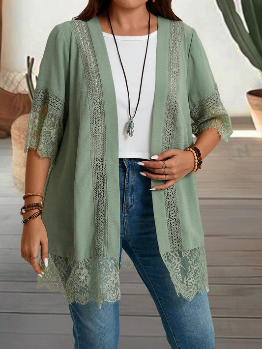 Plus Size Women's Summer Countryside Fashionable Summer Simple Lace Design Cardigan