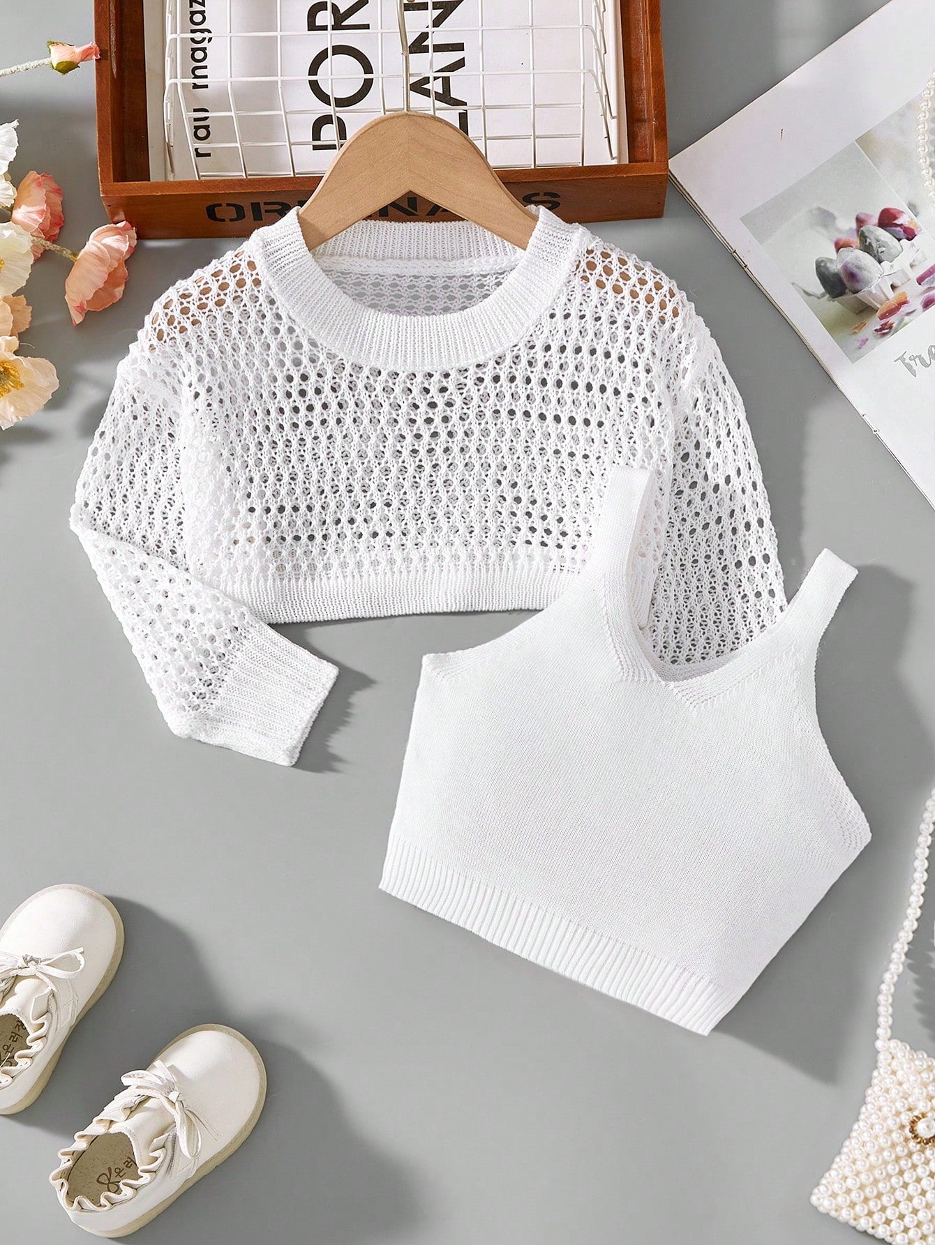 Young Girl Solid Color Round Neck See-Through Long Sleeve Top And Vest Casual Sweater Set