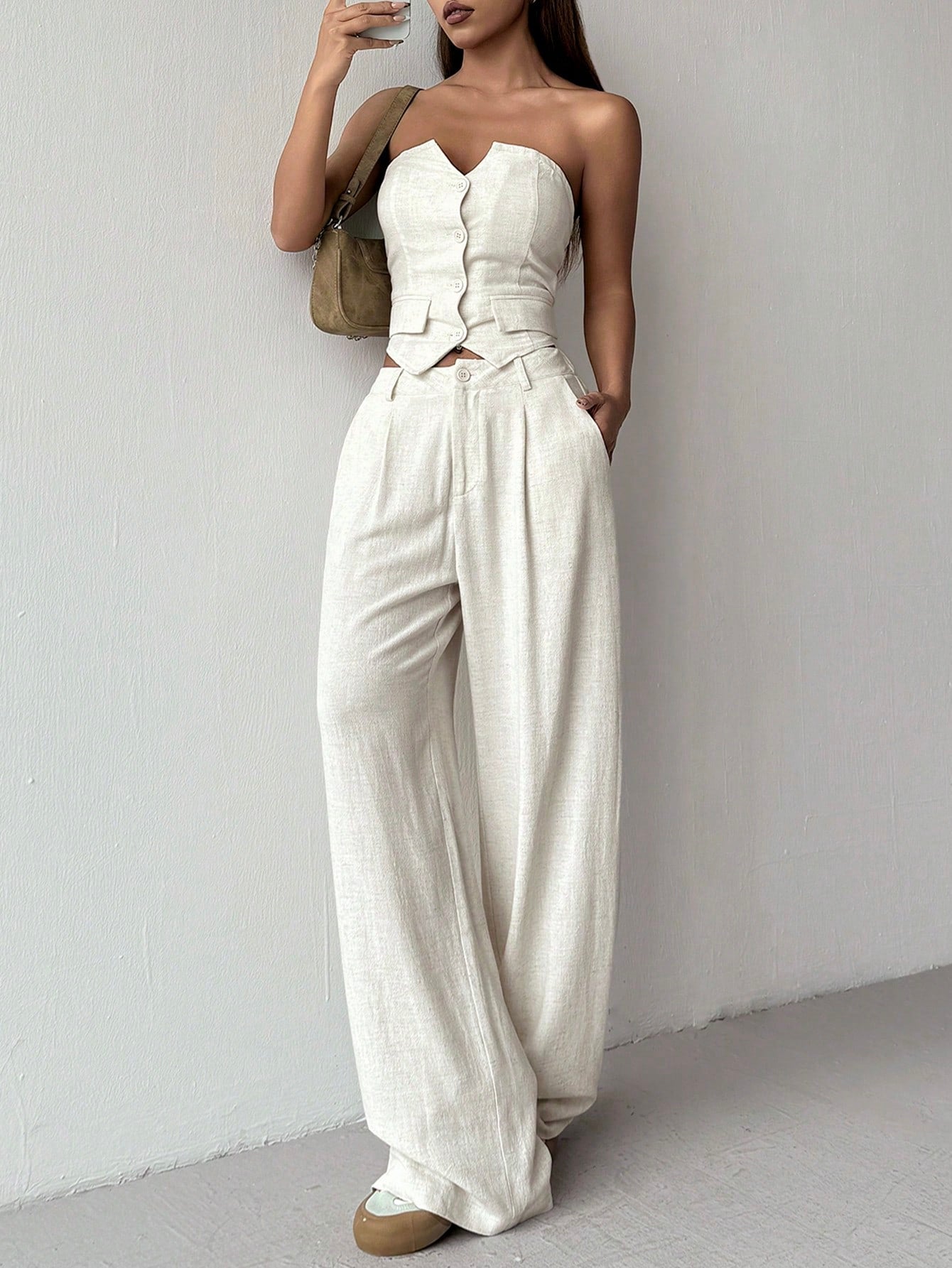 Women's Solid Color Front Button Asymmetrical Hem Top And Long Pants, Casual 2pcs/Set For Summer