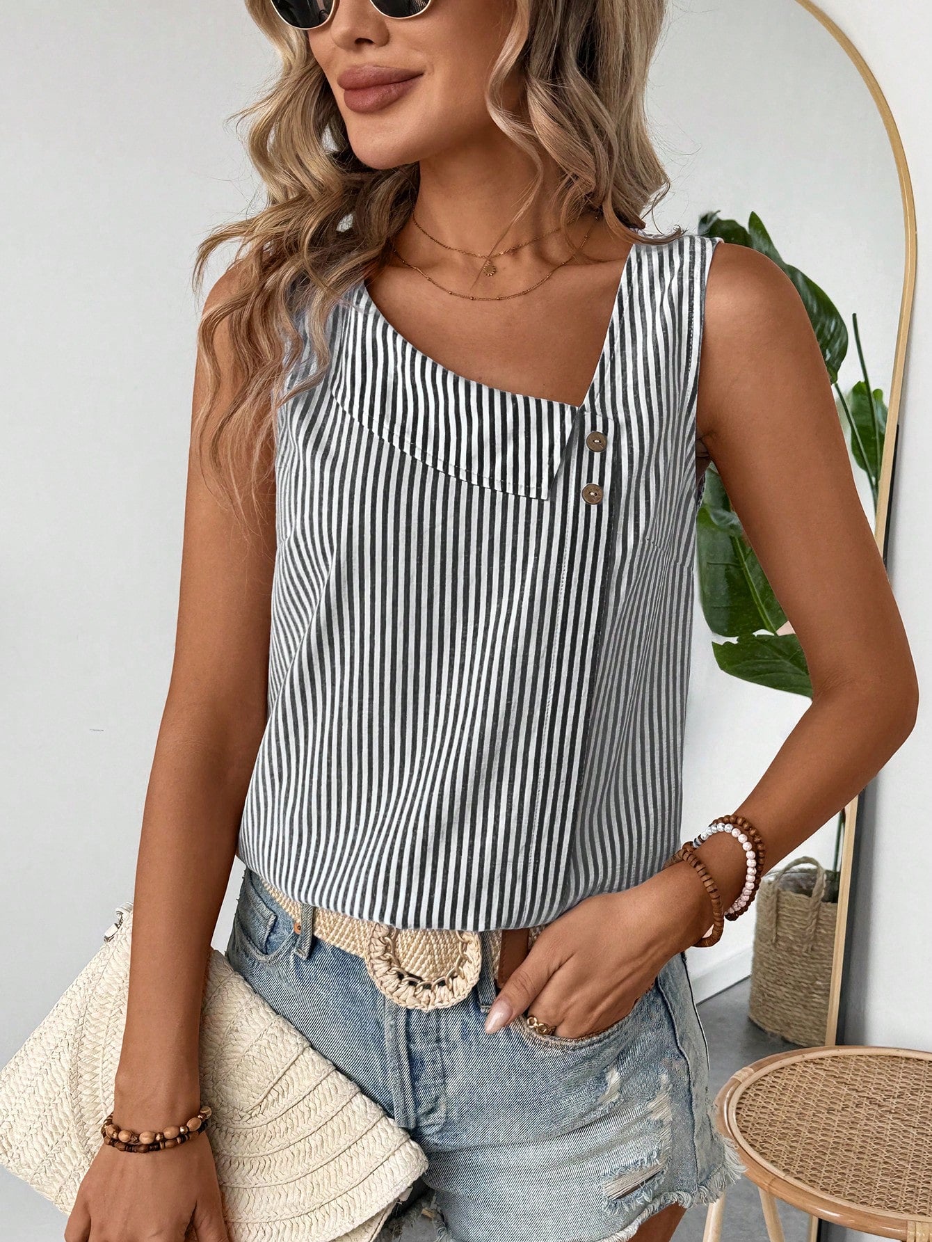 Women Asymmetrical Collar Button Decor Blue And White Striped Casual Vacation Sleeveless Shirt For Summer