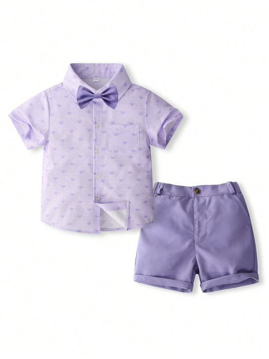 Young Boy Summer Outfit, Short Sleeve Heart Print Purple Shirt And Shorts Set, 2pcs Gentleman Suit