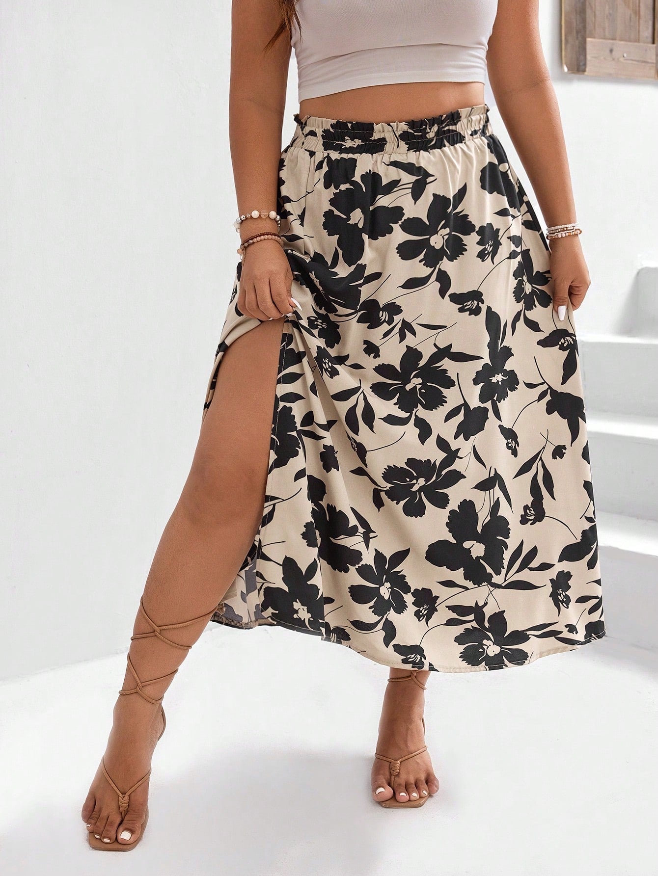 Frenchy Plus Size Tropical Split Floral Printed Women's Skirt