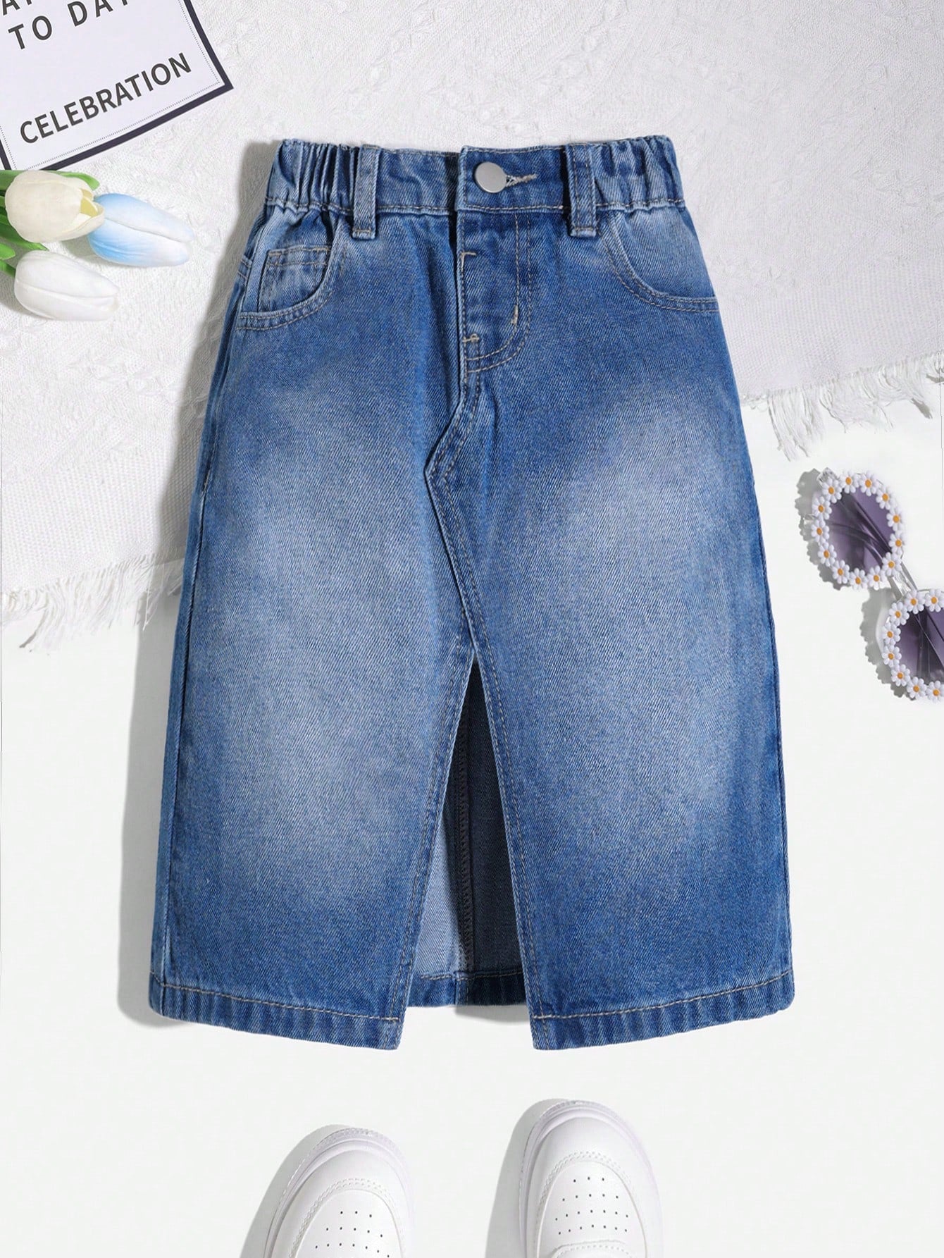 Kids Young Girl Simple Summer Washed Split Hem Denim Skirt