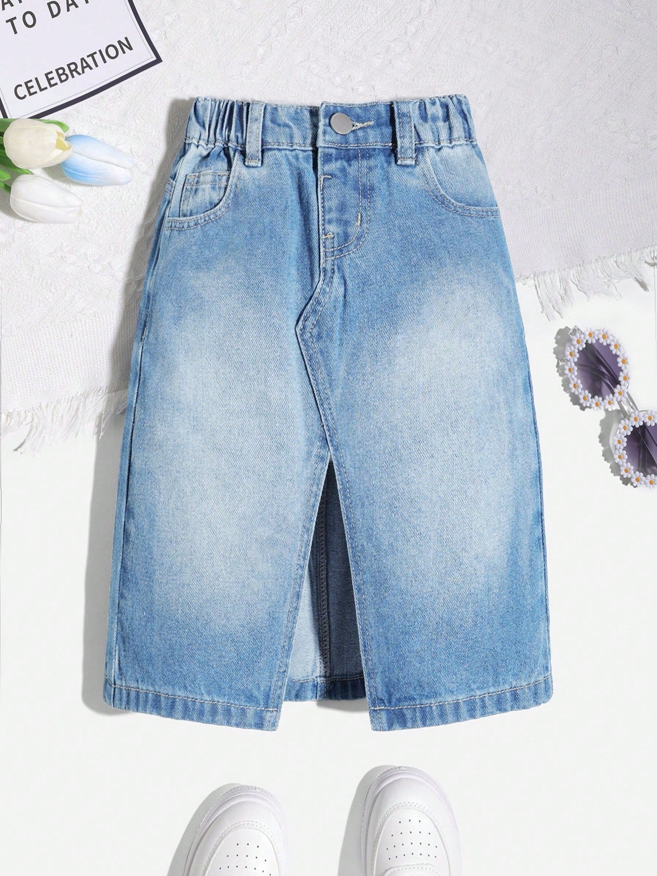 Kids Young Girl Simple Summer Washed Split Hem Denim Skirt