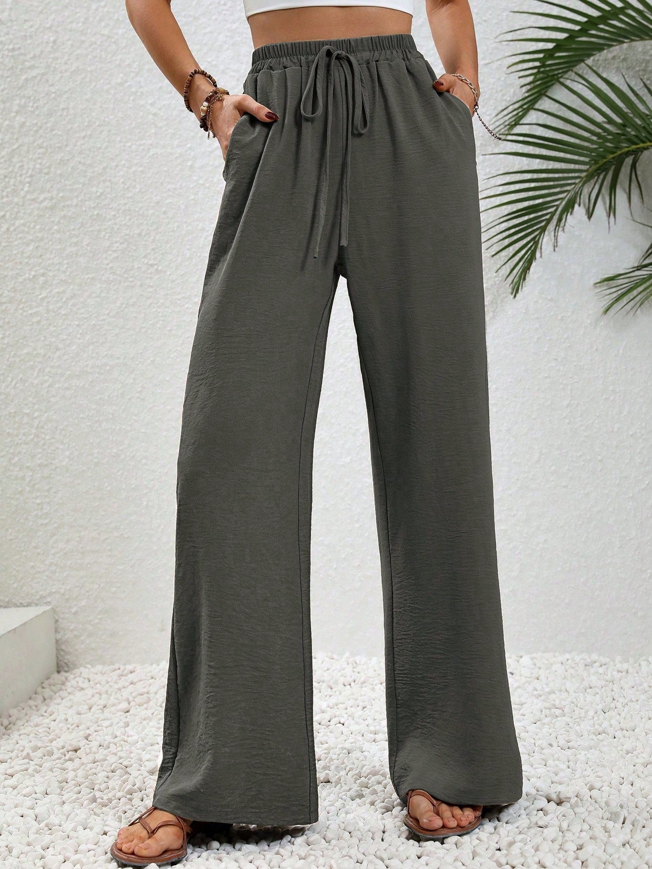 Knot Waist Slant Pocket Wide Leg Pants