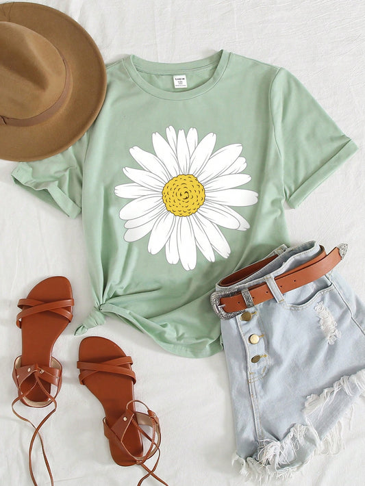 Tween Girl Daisy Pressed Wildflowers T-Shirt, Boho Style Floral Print Short Sleeve Tee, Summer