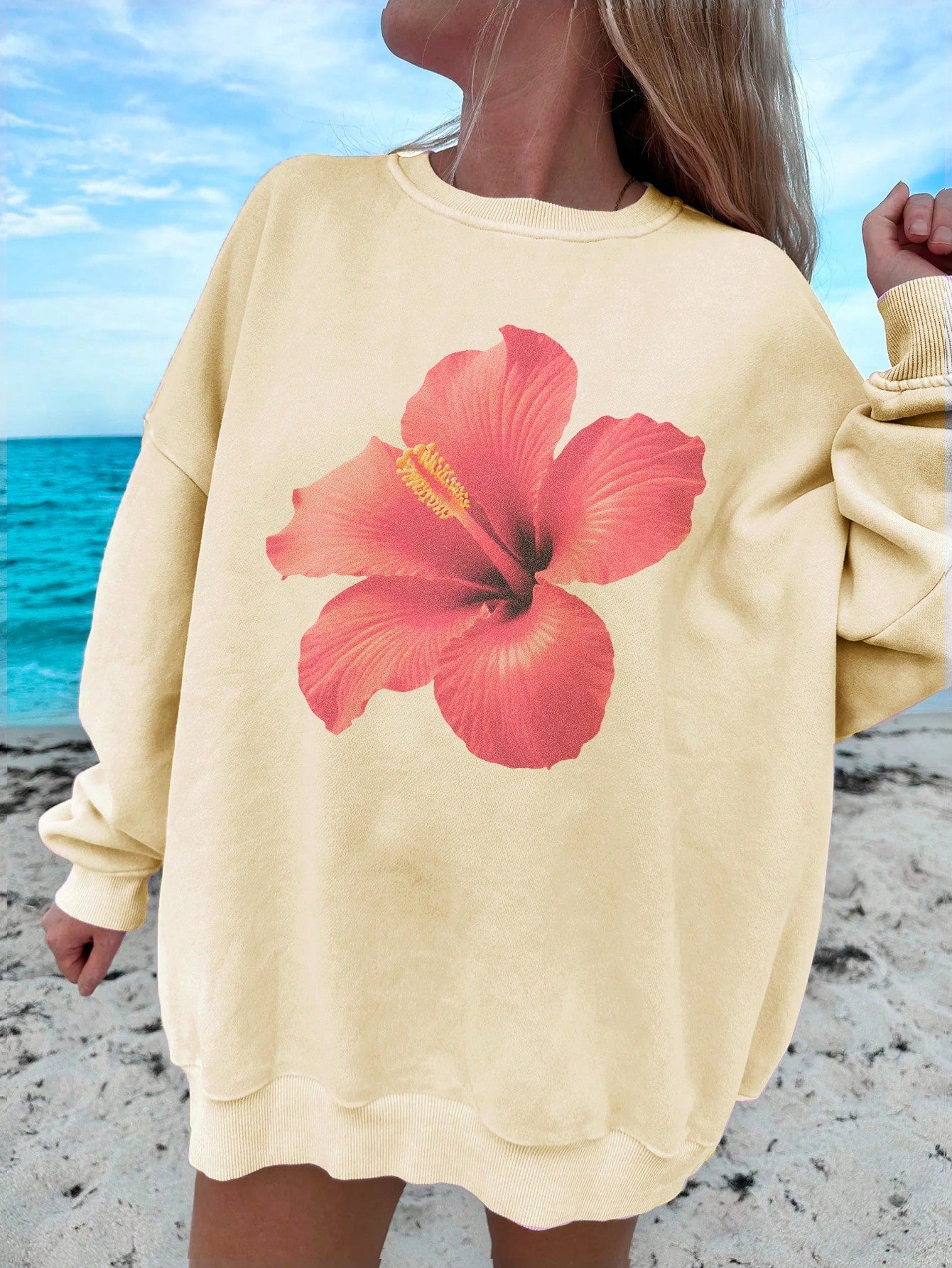 Beach Pattern & Ocean Creatures Print Casual Round Neck Casual Long Sleeve Sweatshirt For Women