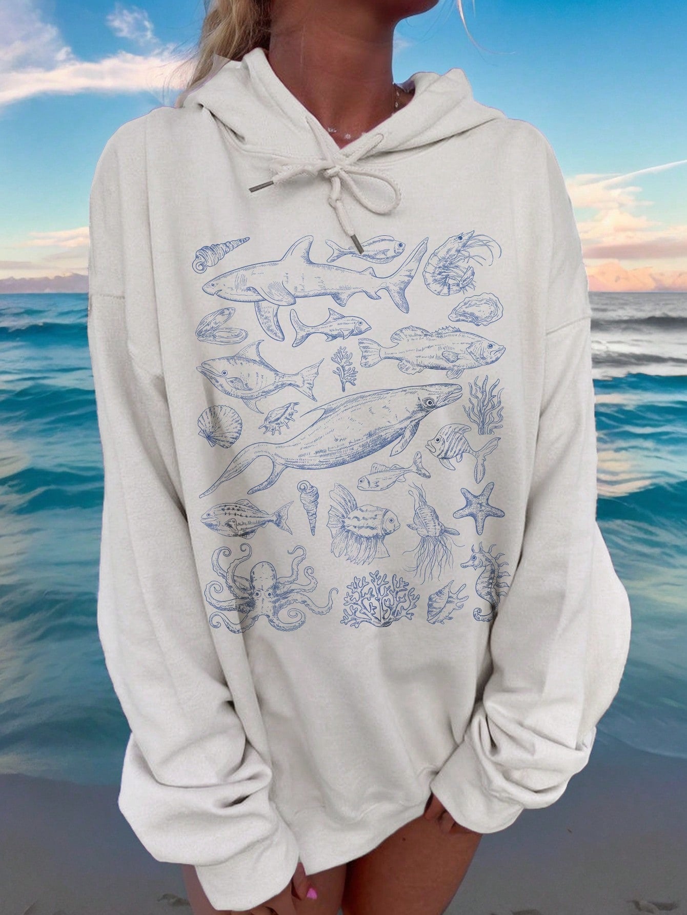 Seaside & Ocean Creatures Vacation Leisure Simple Printed Hooded Casual Women's Sweatshirt, Long Sleeve, Suitable For Autumn And Winter