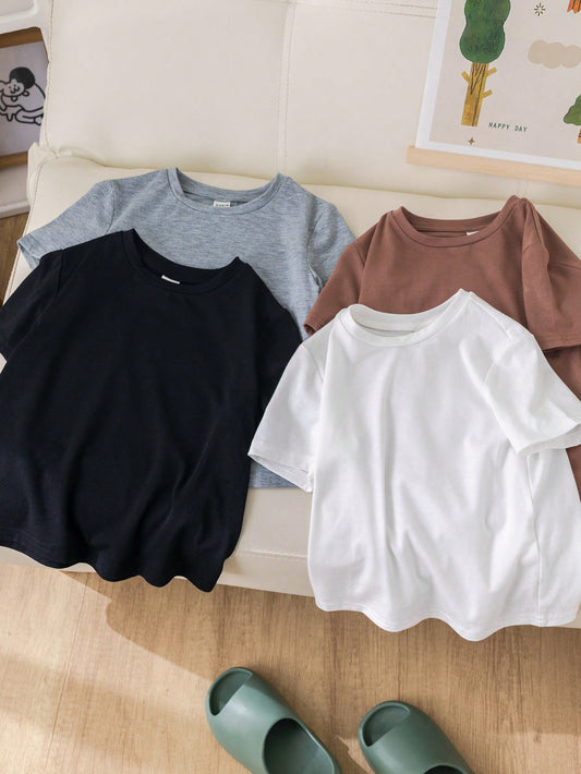 Tween Boys Extended Size Loose Casual Solid Color Short Sleeve T-Shirt 4pcs/Set