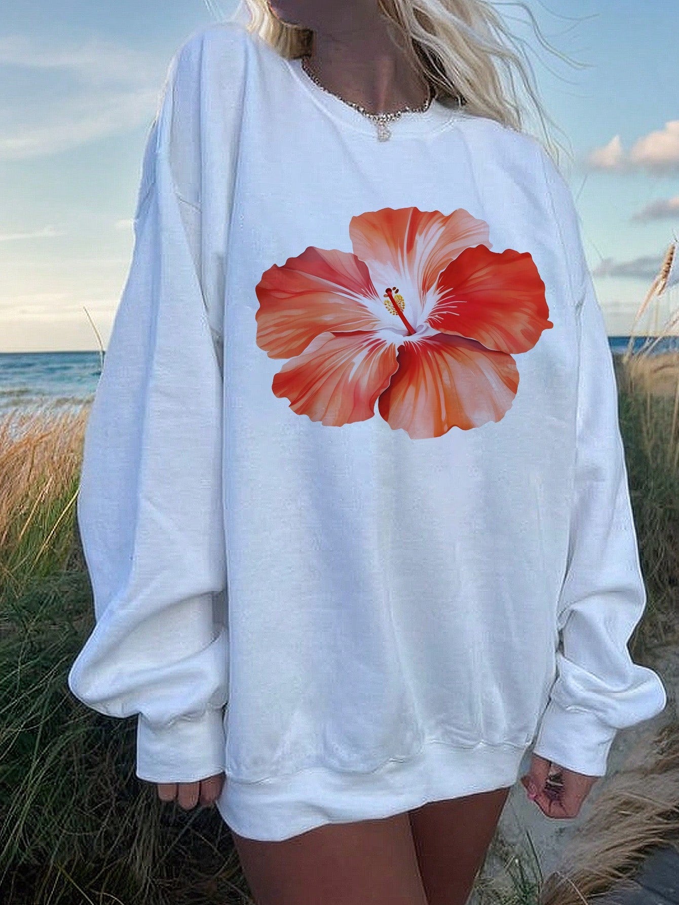 Beach Pattern & Ocean Creatures Print Casual Round Neck Casual Long Sleeve Sweatshirt For Women