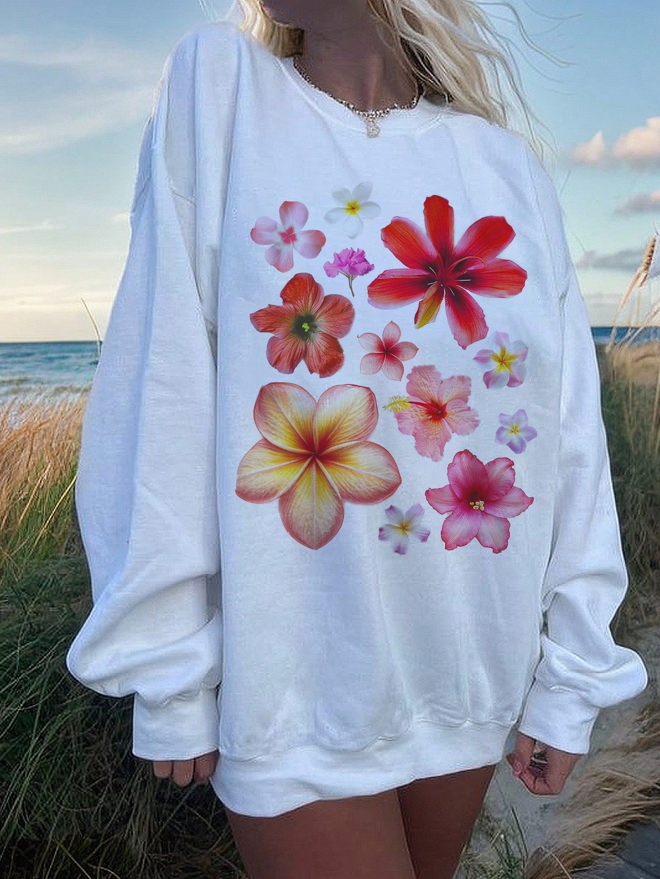 Beach Pattern & Ocean Creatures Print Casual Round Neck Casual Long Sleeve Sweatshirt For Women