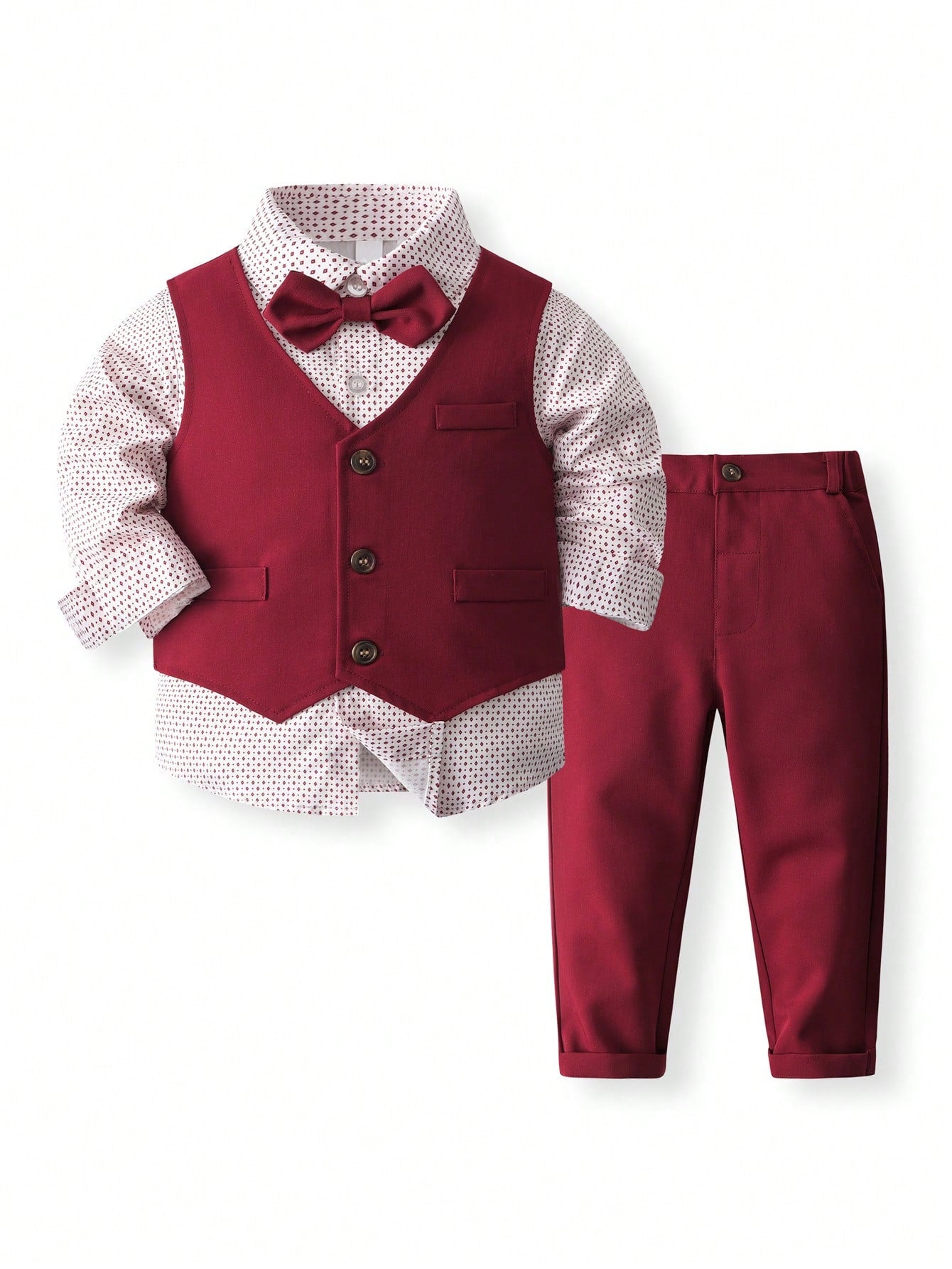 Young Boy 3-Piece Suit Set With Solid Color Vest, Pants, And Polka Dot Shirt