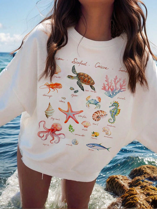 Beach Pattern & Ocean Creatures Print Casual Round Neck Casual Long Sleeve Sweatshirt For Women