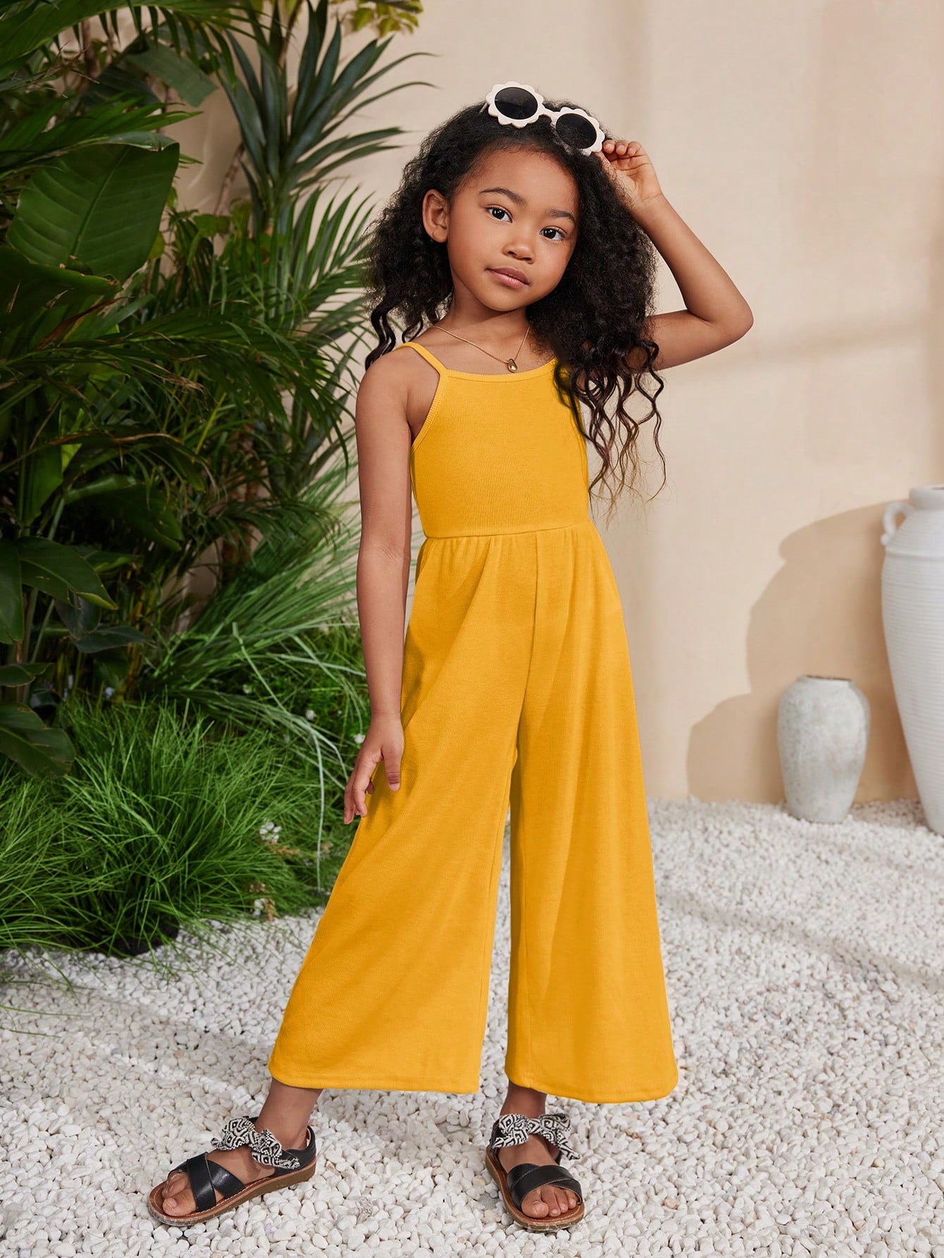 Young Girl Spring/Summer Knit Solid Color Spaghetti Strap Jumpsuit For Holiday & Leisure