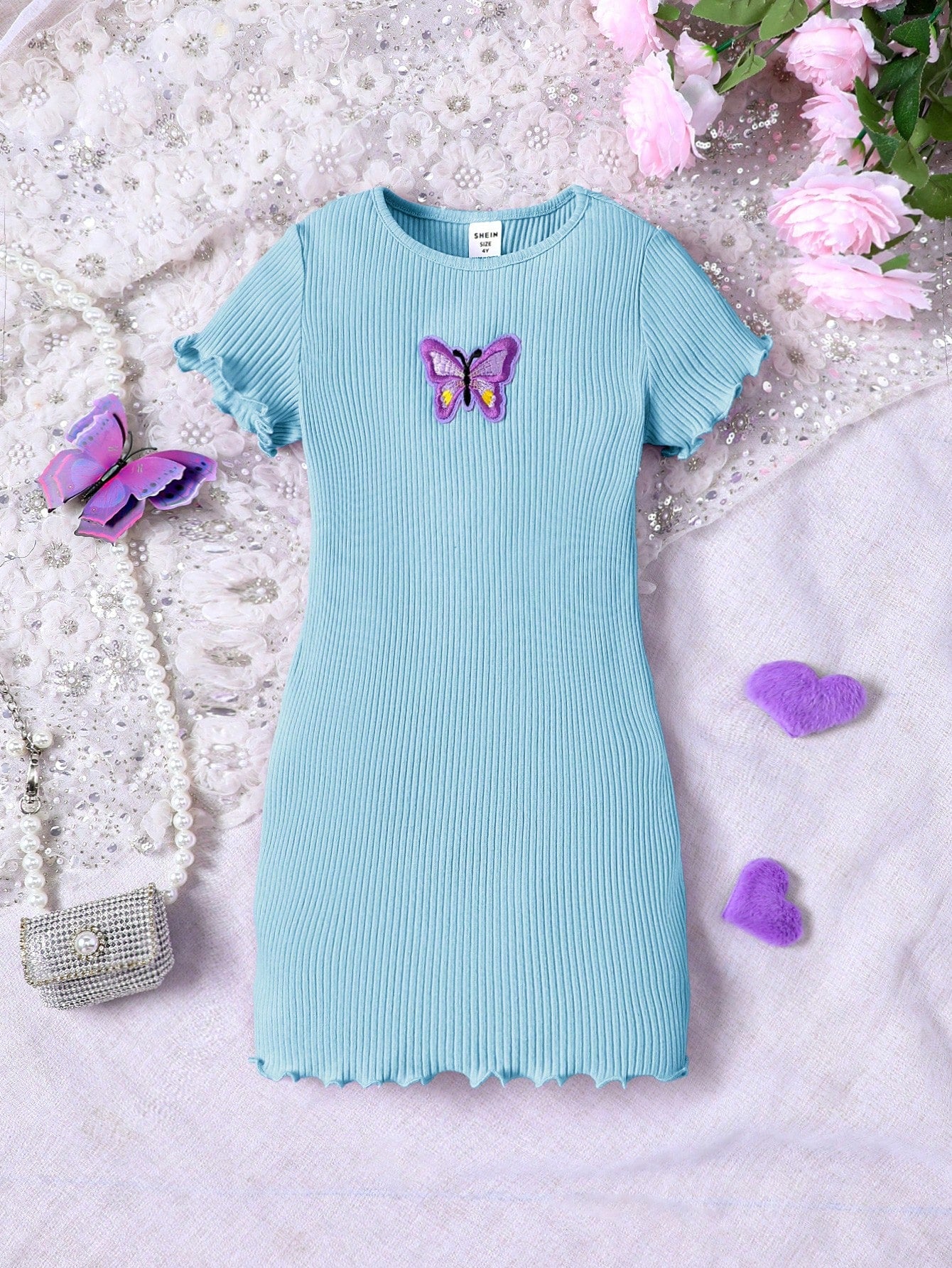 Young Girls' Knitted Solid Color Round Neck Butterfly Patterned Casual Dress