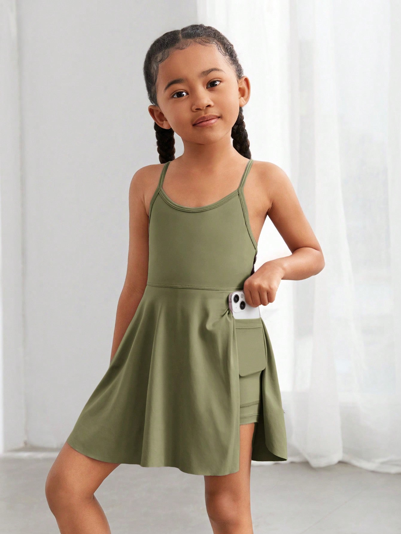 Young Girl Solid Sports Dress With Phone Pocket