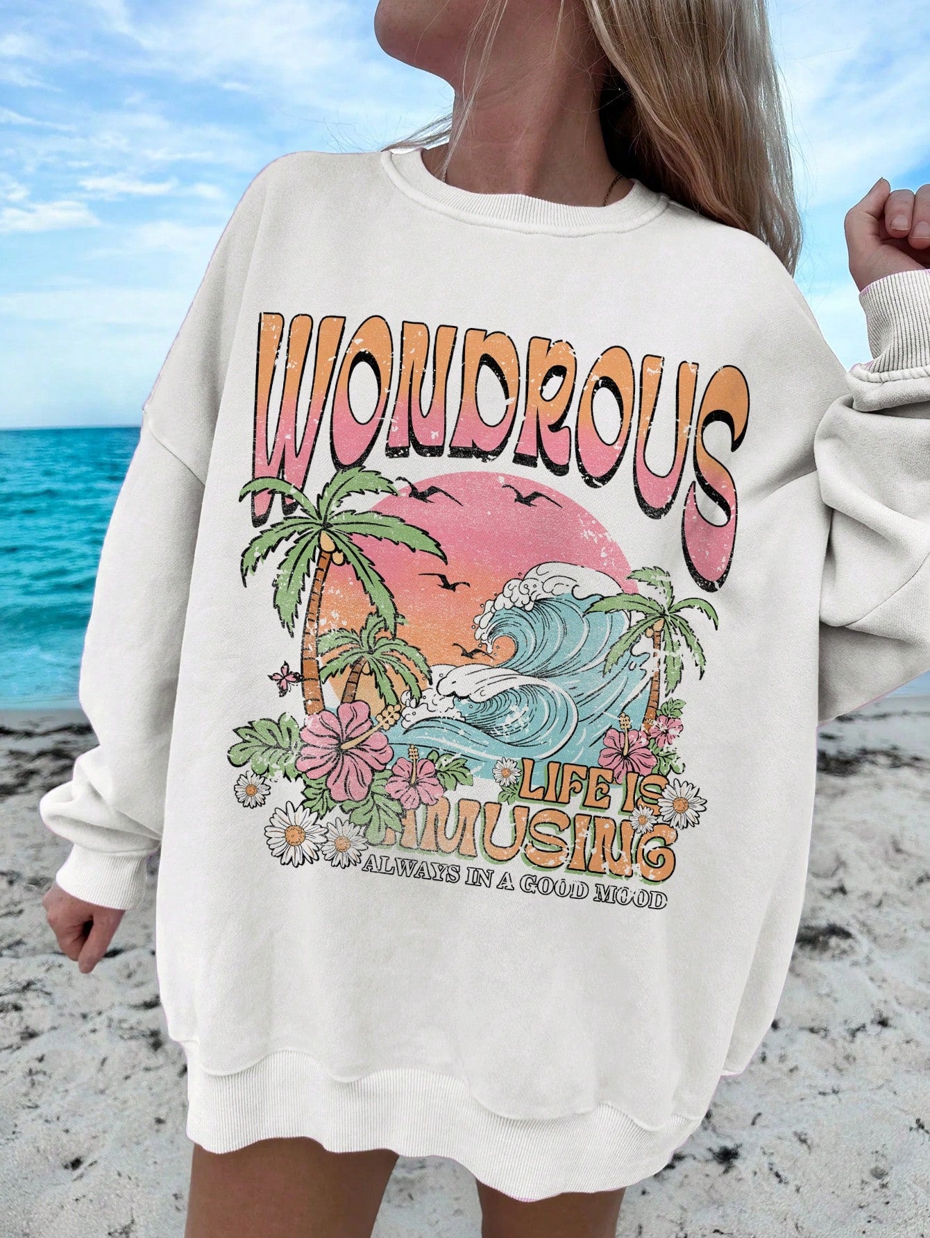 Beach Pattern & Ocean Creatures Print Casual Round Neck Casual Long Sleeve Sweatshirt For Women