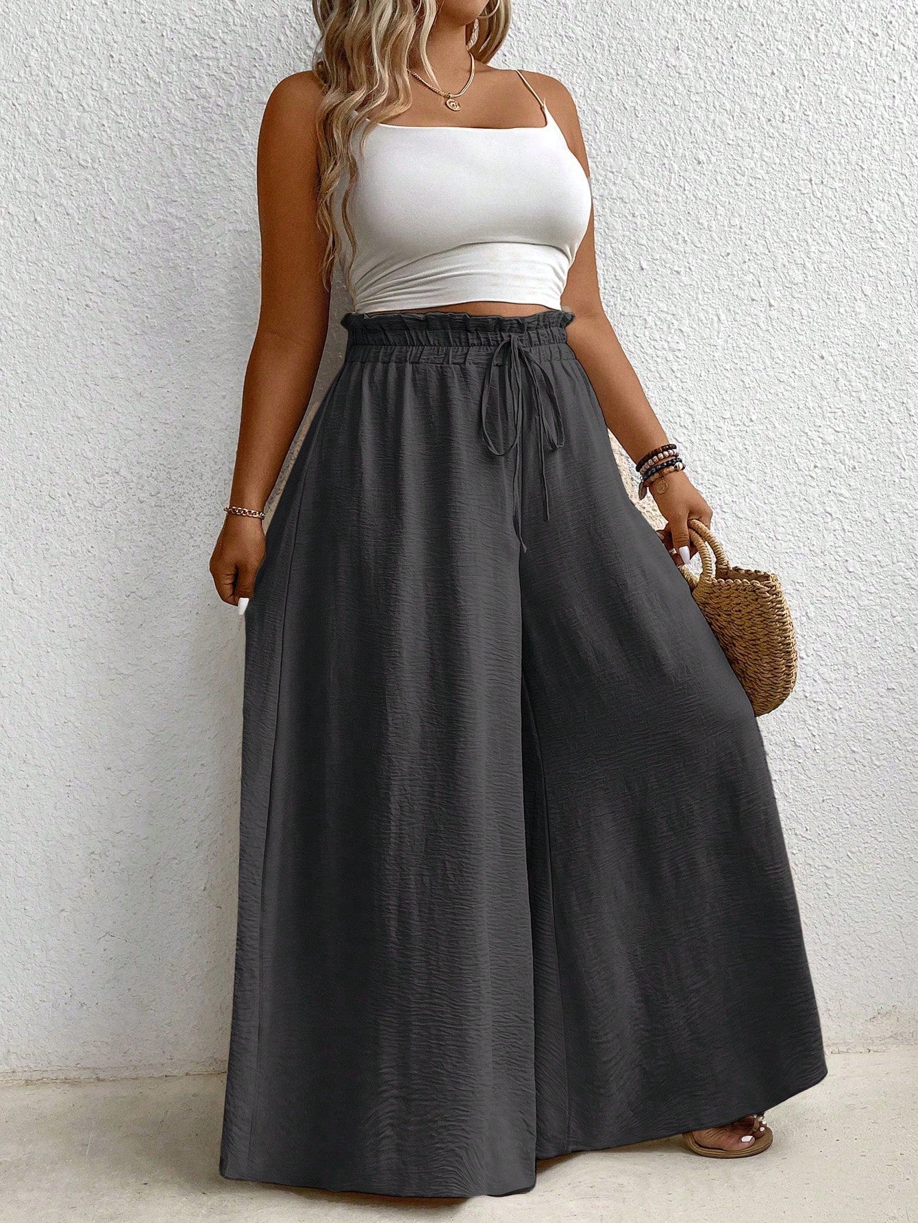 Plus Size Solid Color High-Waist Wide Leg Pants With Paperbag Waist, Summer