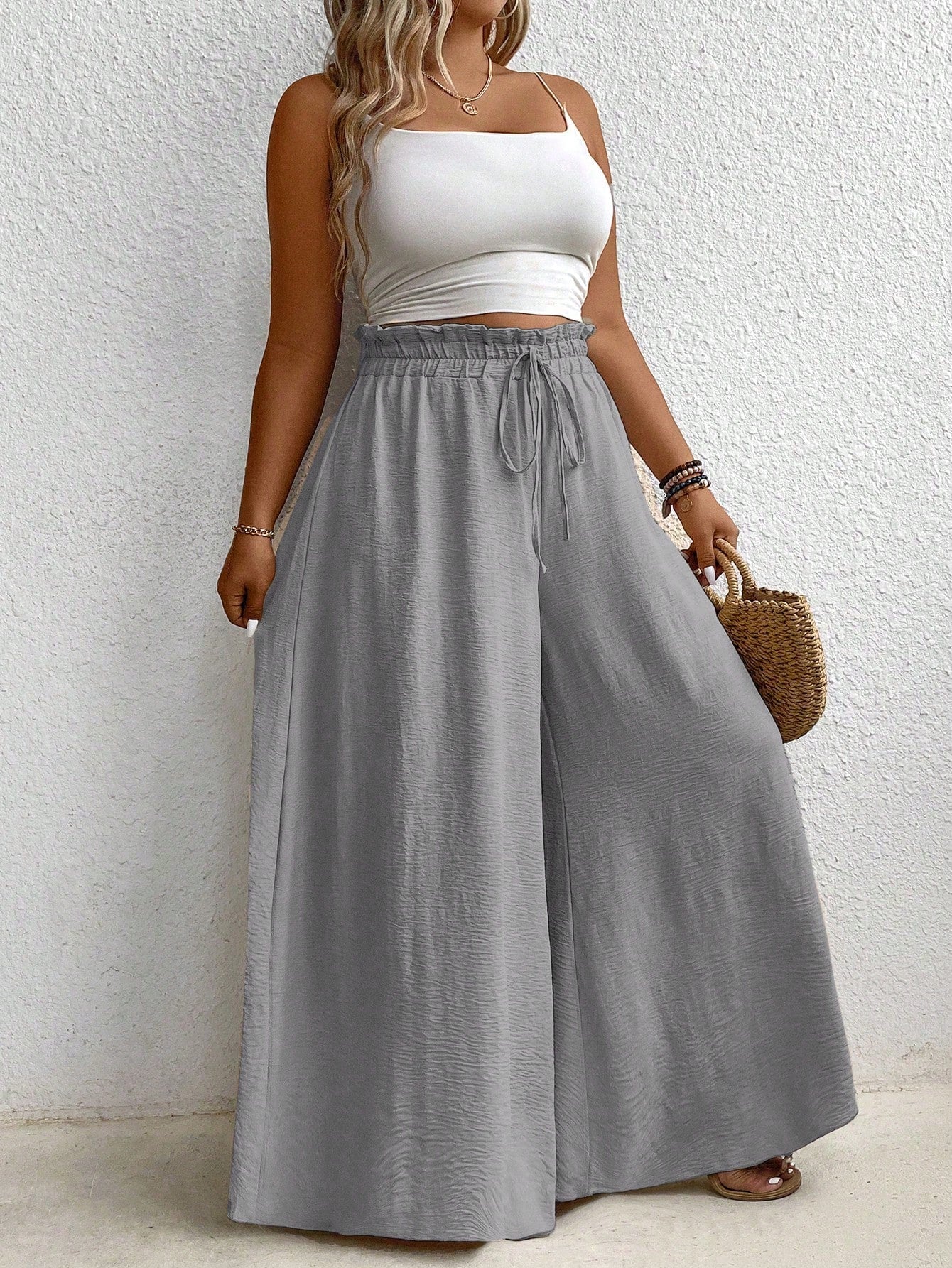 Plus Size Elastic Waist Belted Loose Textured Wide-Leg Pants