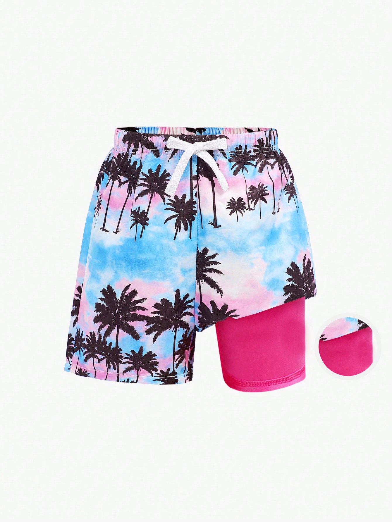 Tween Boy Casual Faux 2 In 1 Coconut Tree Pattern Swim Trunks