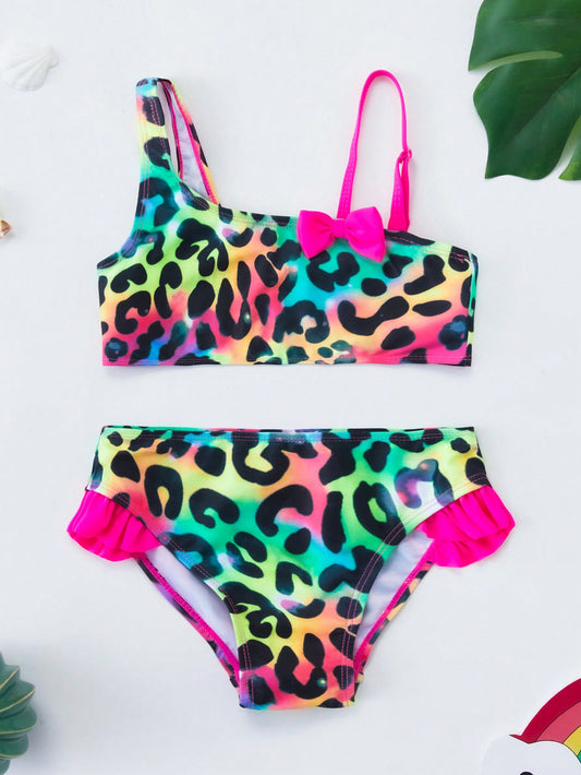 Young Girl Rainbow Leopard Print Asymmetrical Neck Cute Bowknot Bikini Set Summer Beach